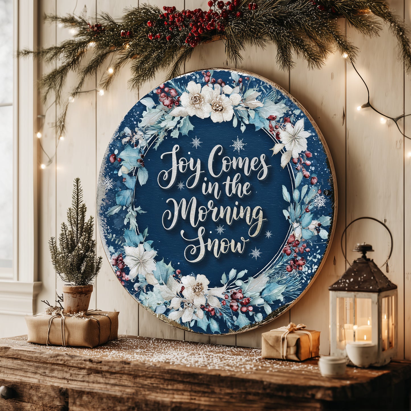 Winter Farmhouse Wall Art | Rustic Joy Comes in the Morning Sign