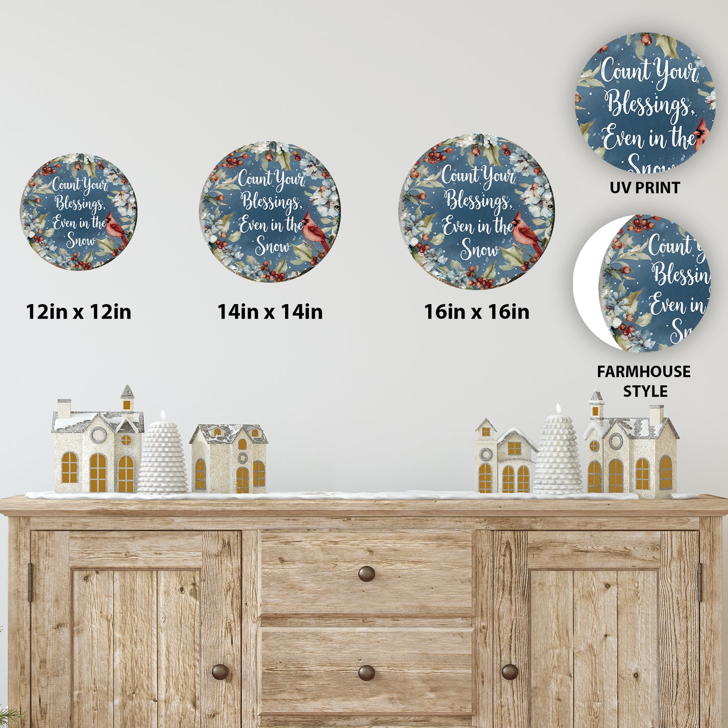 Winter Farmhouse Blessings Round Wall Sign | Rustic Cozy Home Decor