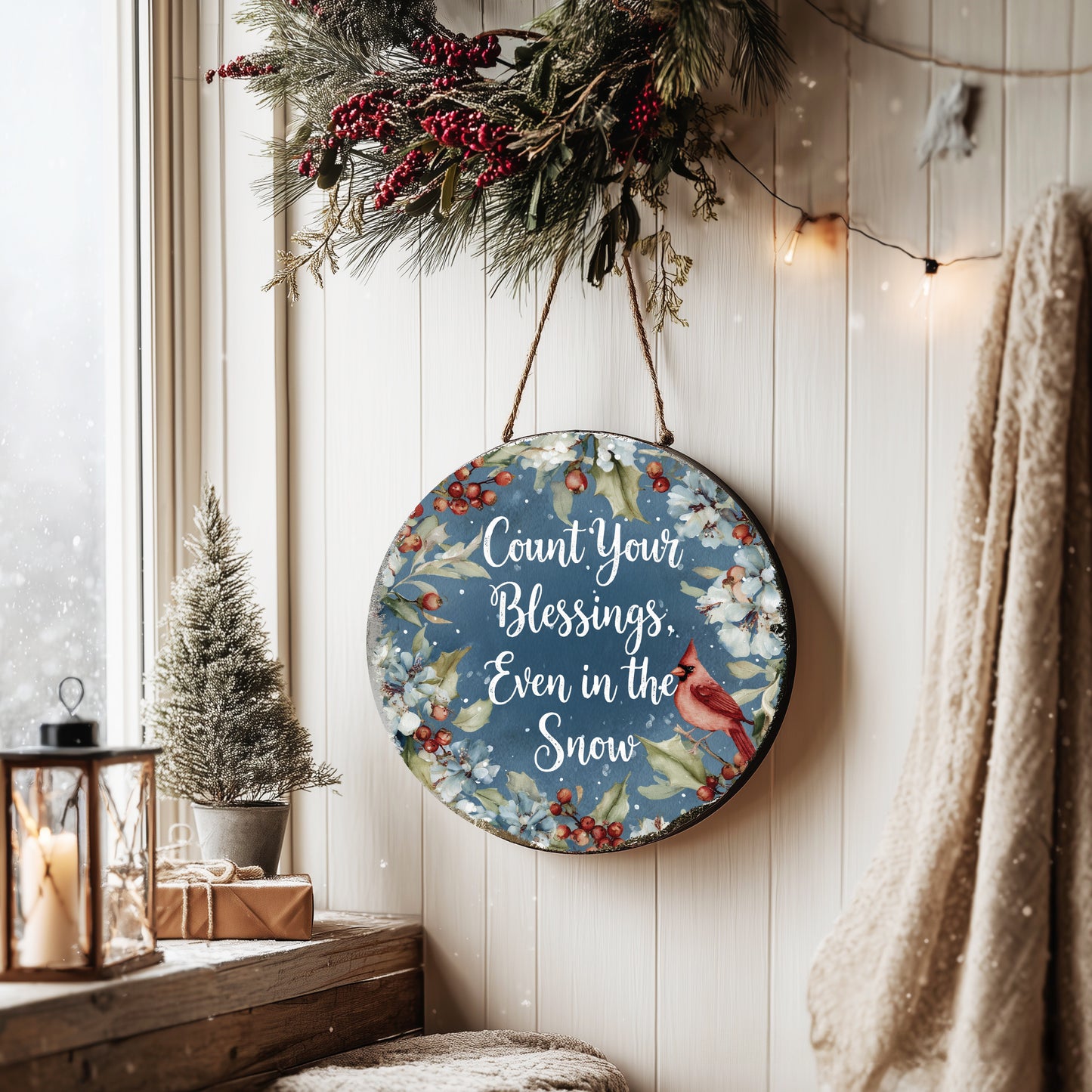 Winter Farmhouse Blessings Round Wall Sign | Rustic Cozy Home Decor