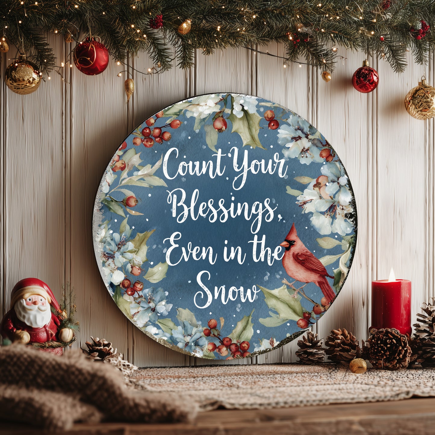 Winter Farmhouse Blessings Round Wall Sign | Rustic Cozy Home Decor