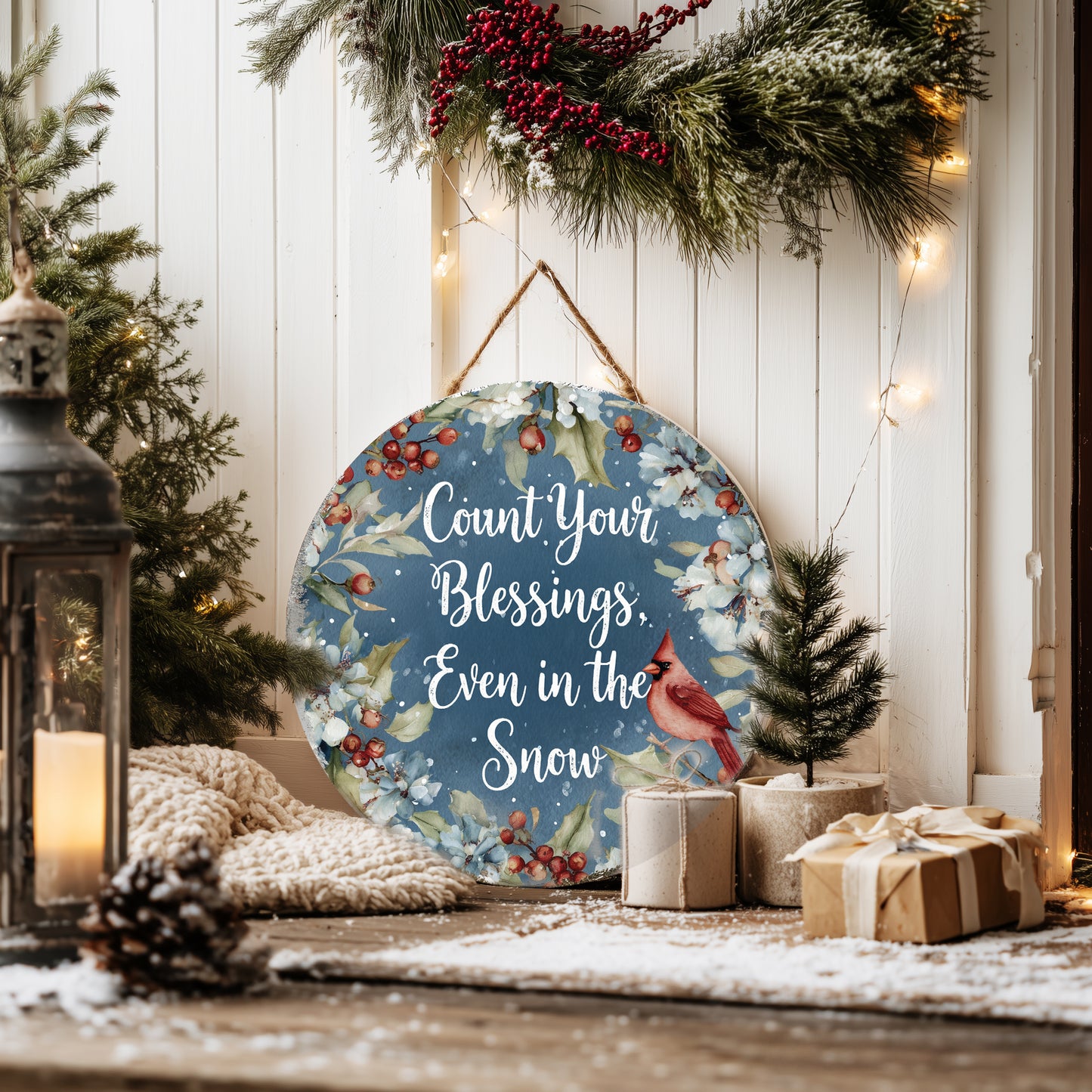 Winter Farmhouse Blessings Round Wall Sign | Rustic Cozy Home Decor
