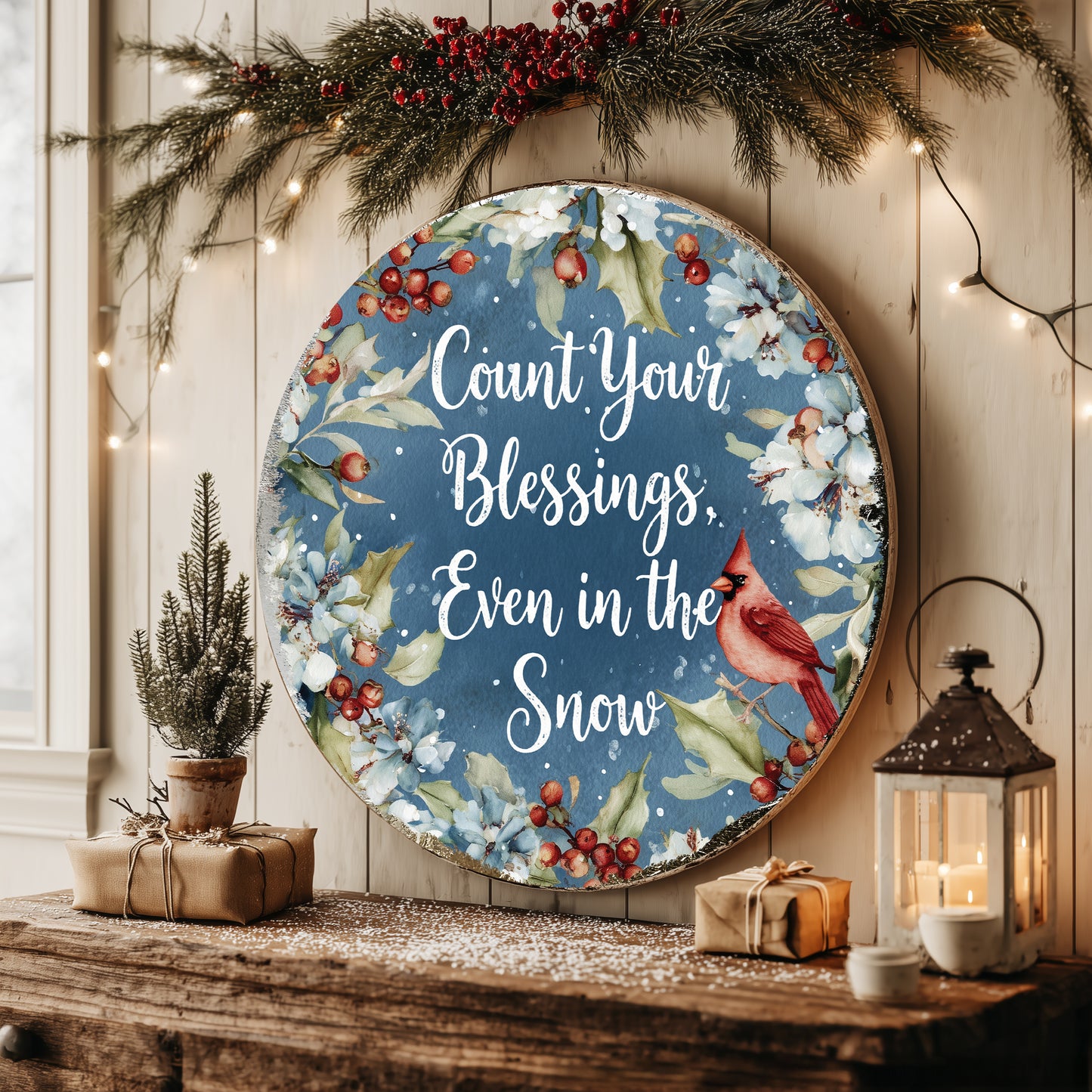 Winter Farmhouse Blessings Round Wall Sign | Rustic Cozy Home Decor