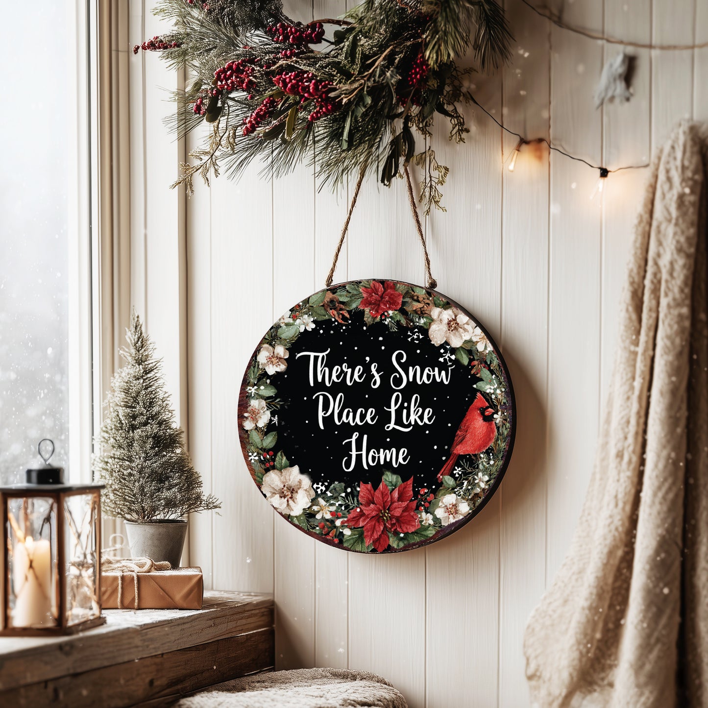 Winter Round Door Sign | Farmhouse 'Snow Place Like Home' Wall Decor