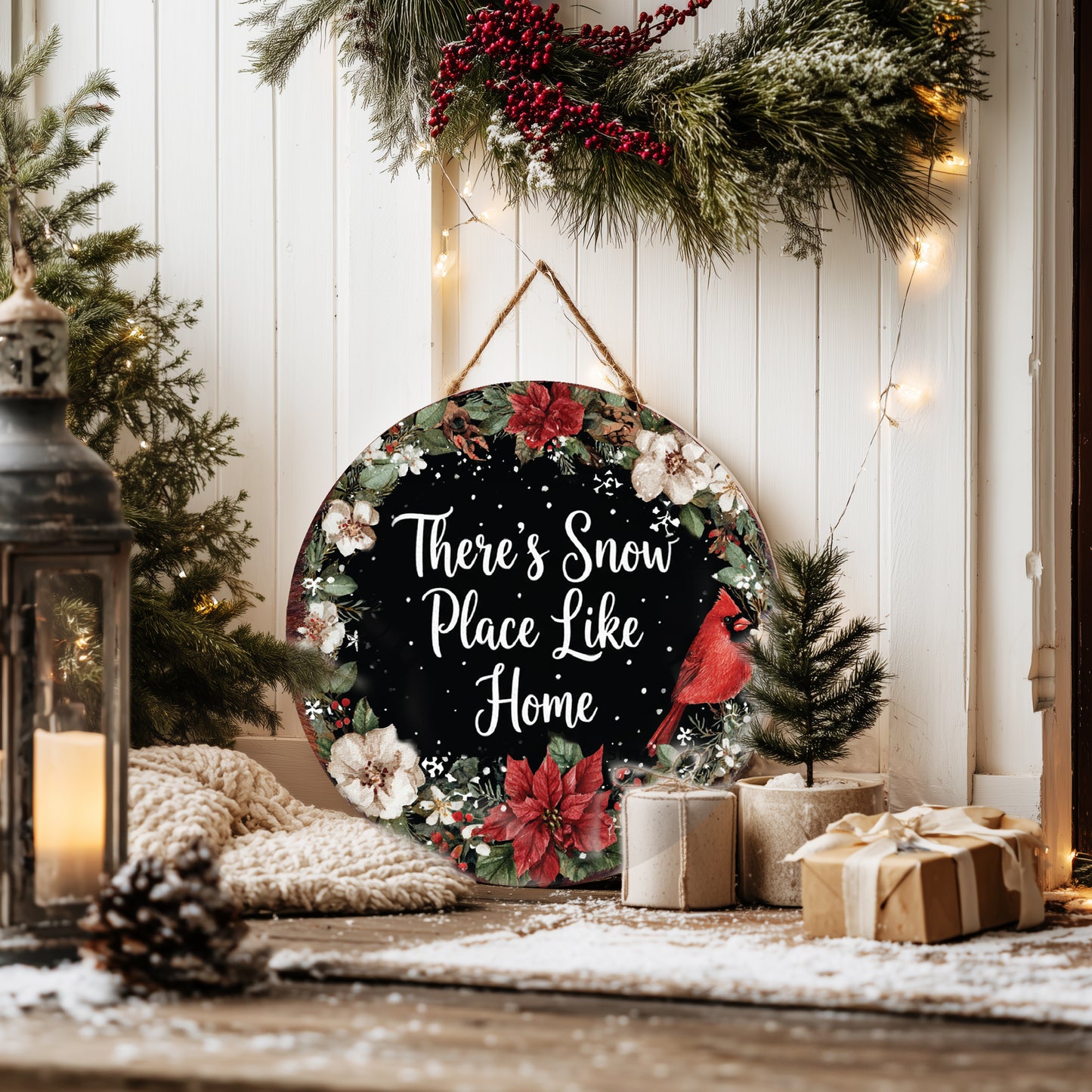 Winter Round Door Sign | Farmhouse 'Snow Place Like Home' Wall Decor