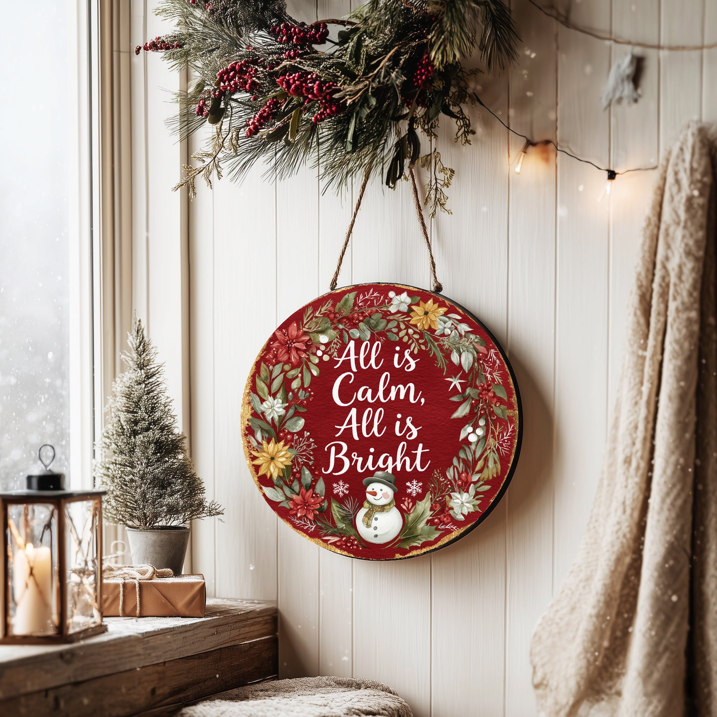 Calm Winter Door Sign | Farmhouse 'All Is Bright' Holiday Decor