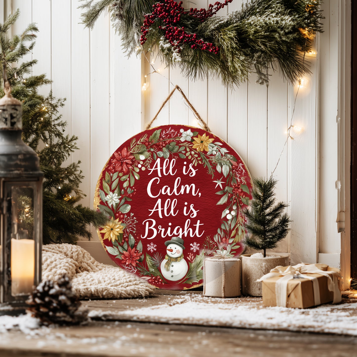Calm Winter Door Sign | Farmhouse 'All Is Bright' Holiday Decor