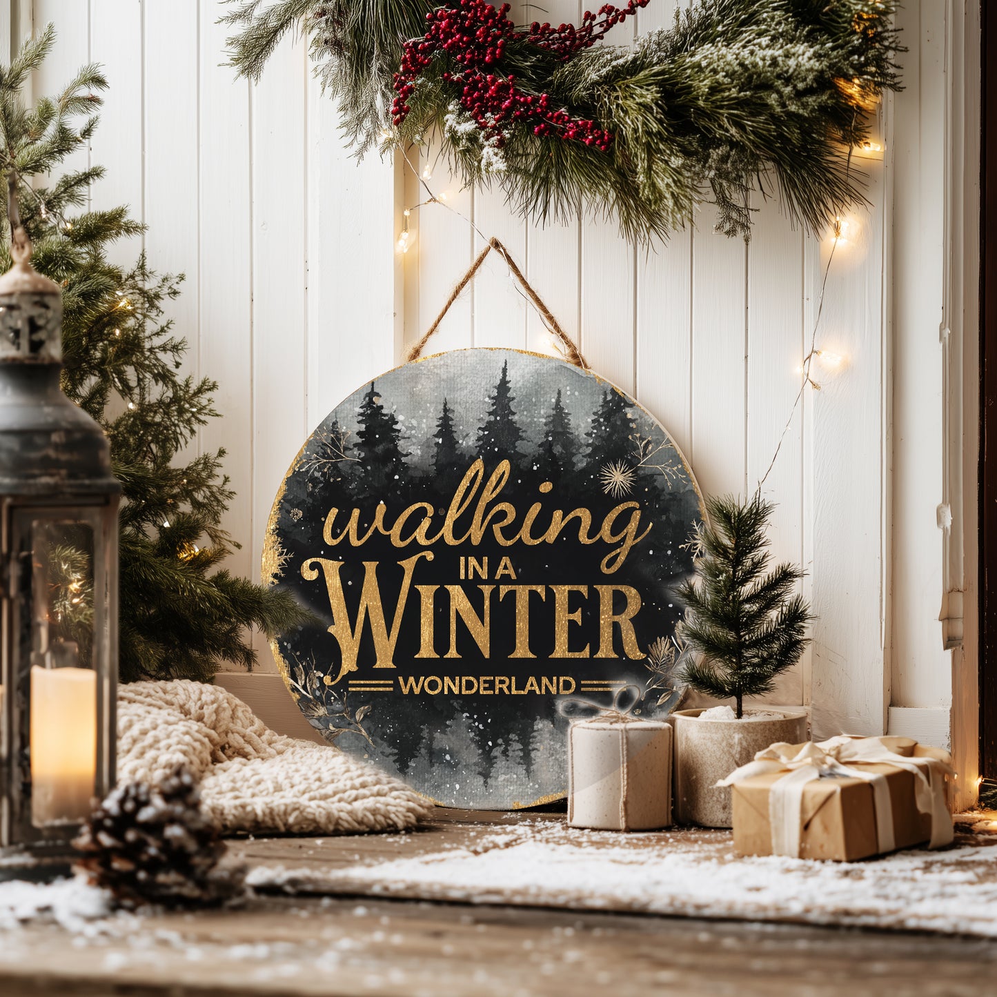 Enchanting Winter Wonderland Round Door Sign | Festive Holiday Porch Decor