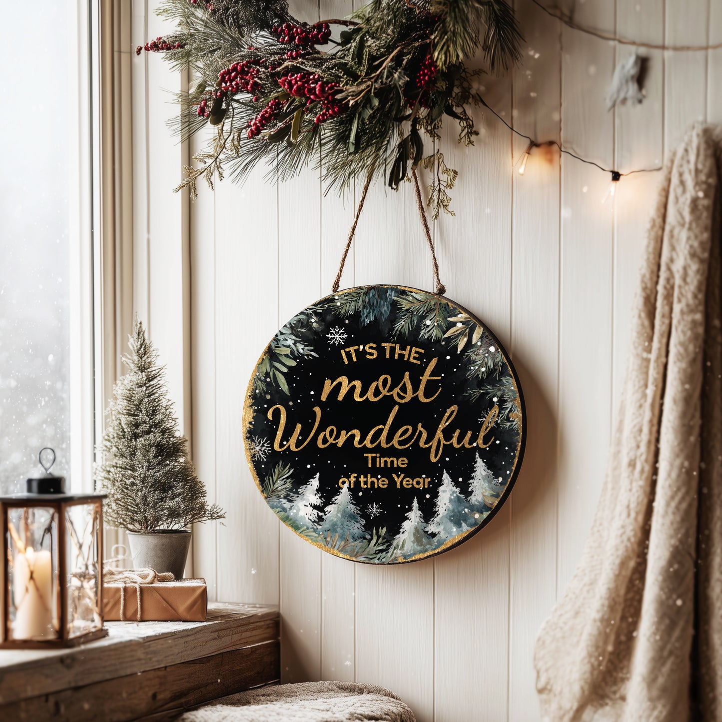 Wonderful Time Christmas Round Wall Sign | Festive Holiday Decor