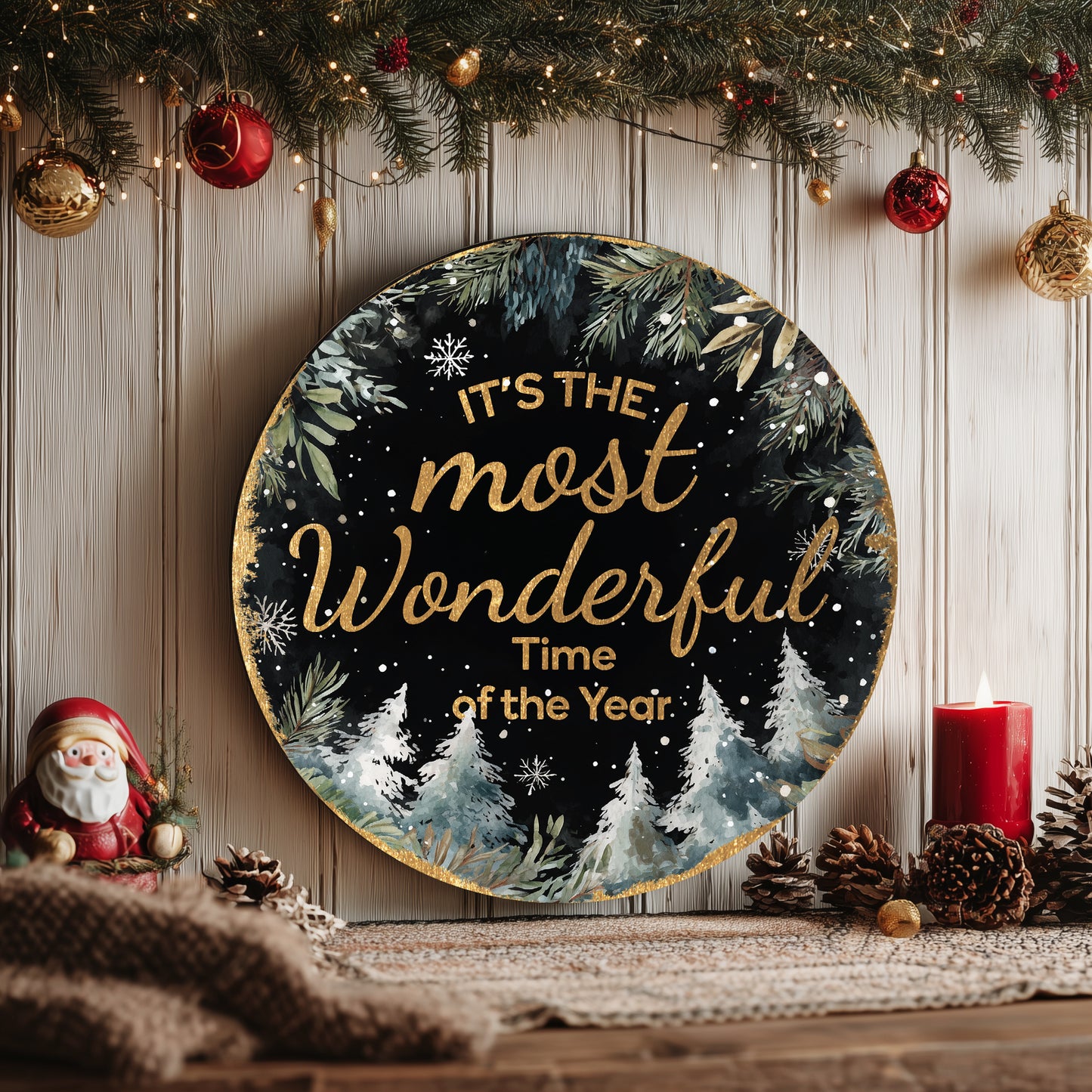 Wonderful Time Christmas Round Wall Sign | Festive Holiday Decor