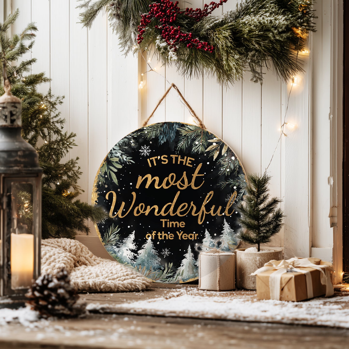 Wonderful Time Christmas Round Wall Sign | Festive Holiday Decor
