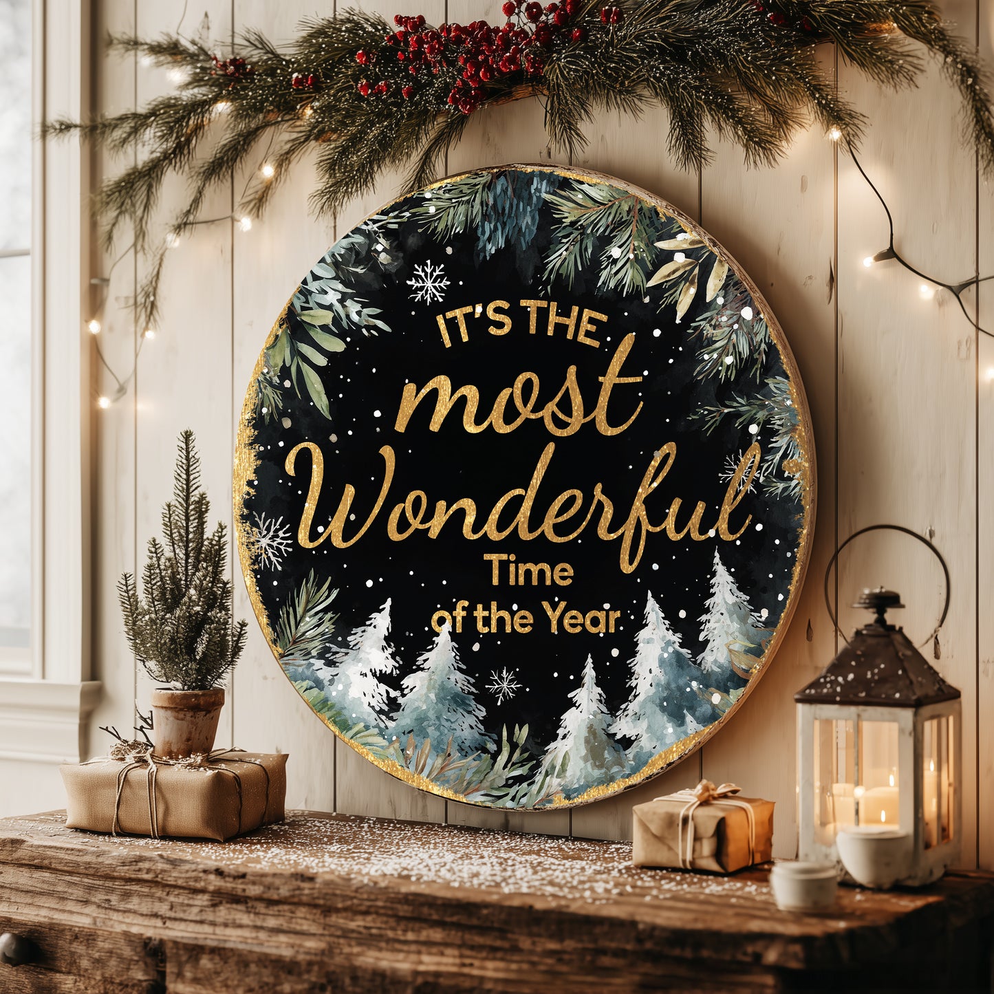 Wonderful Time Christmas Round Wall Sign | Festive Holiday Decor