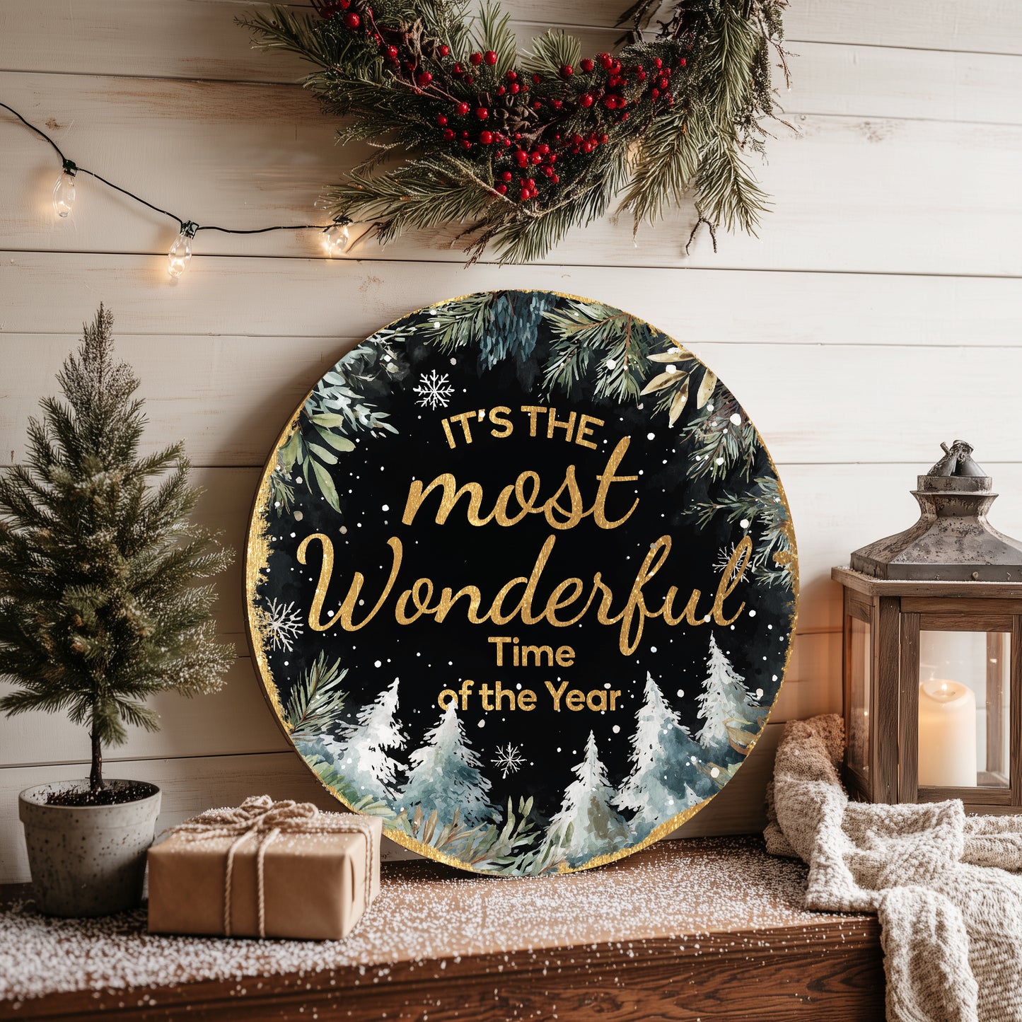 Wonderful Time Christmas Round Wall Sign | Festive Holiday Decor