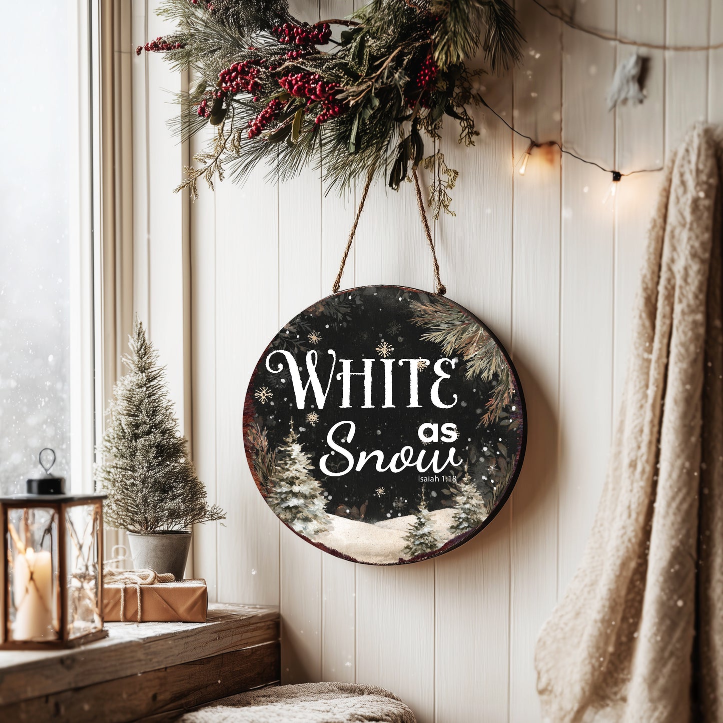 Christmas Scripture Wall Sign | White as Snow Isaiah 1:18 Round Decor