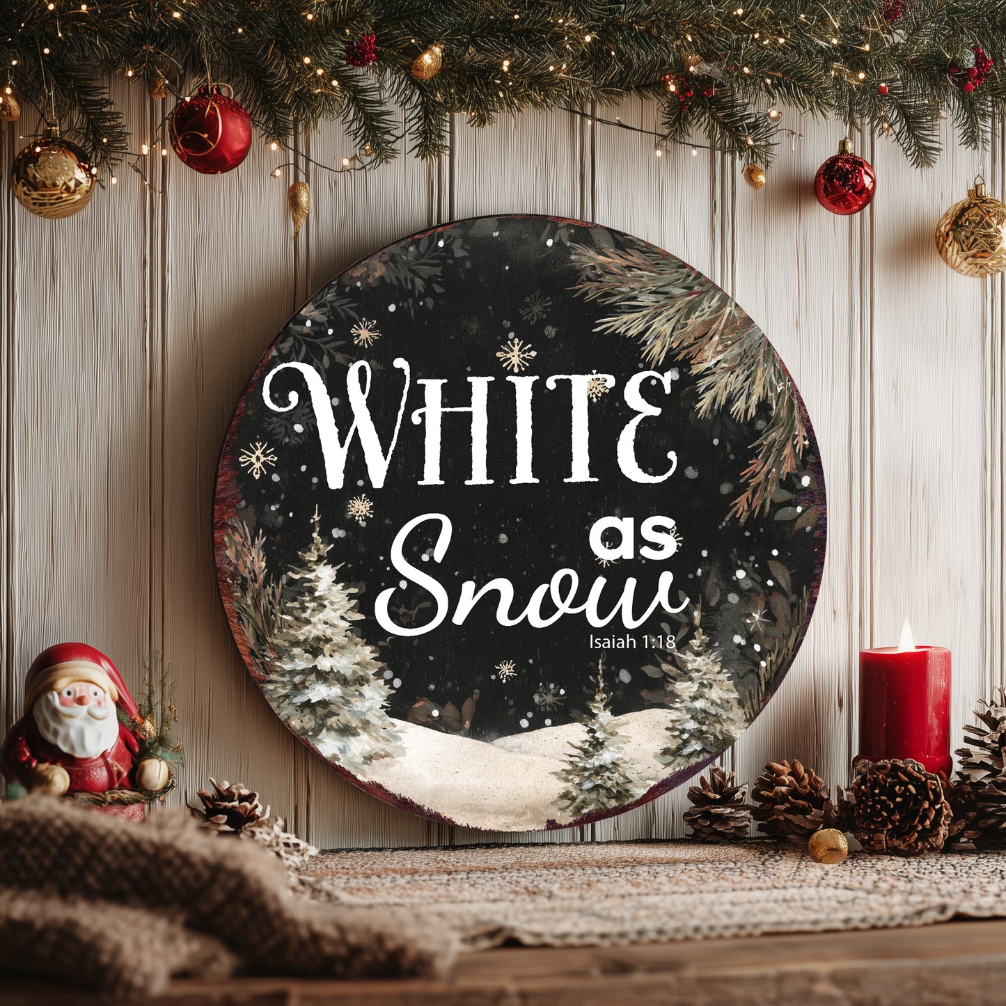 Christmas Scripture Wall Sign | White as Snow Isaiah 1:18 Round Decor