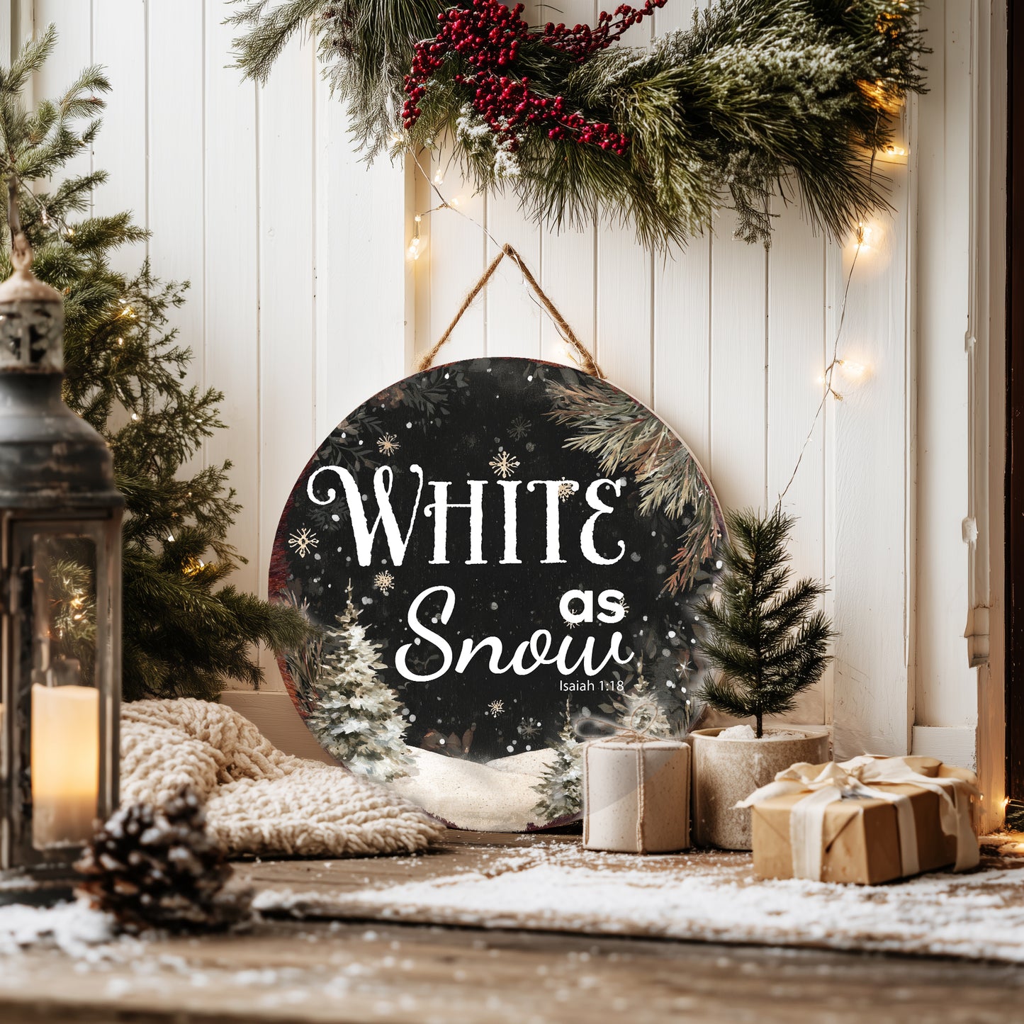 Christmas Scripture Wall Sign | White as Snow Isaiah 1:18 Round Decor