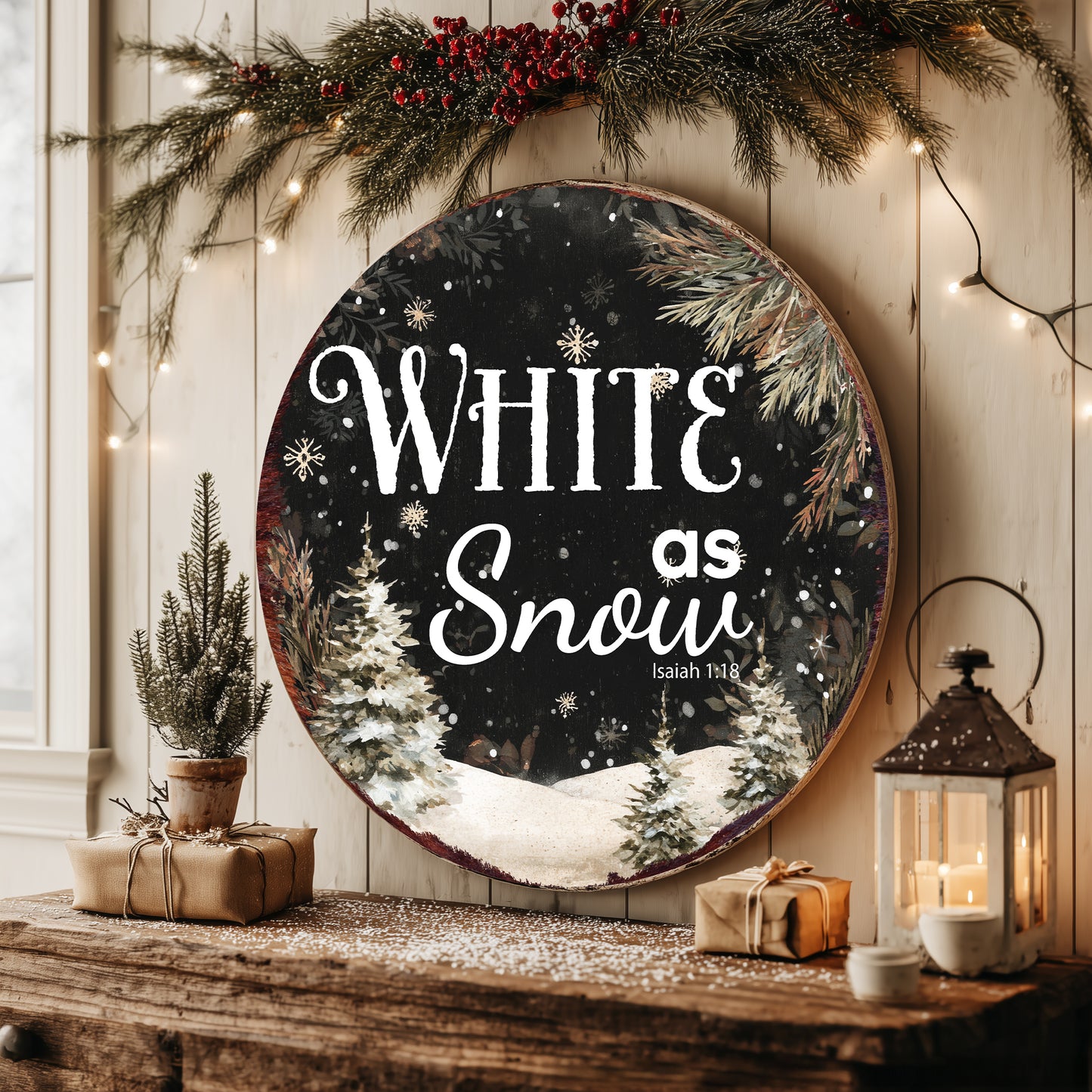 Christmas Scripture Wall Sign | White as Snow Isaiah 1:18 Round Decor
