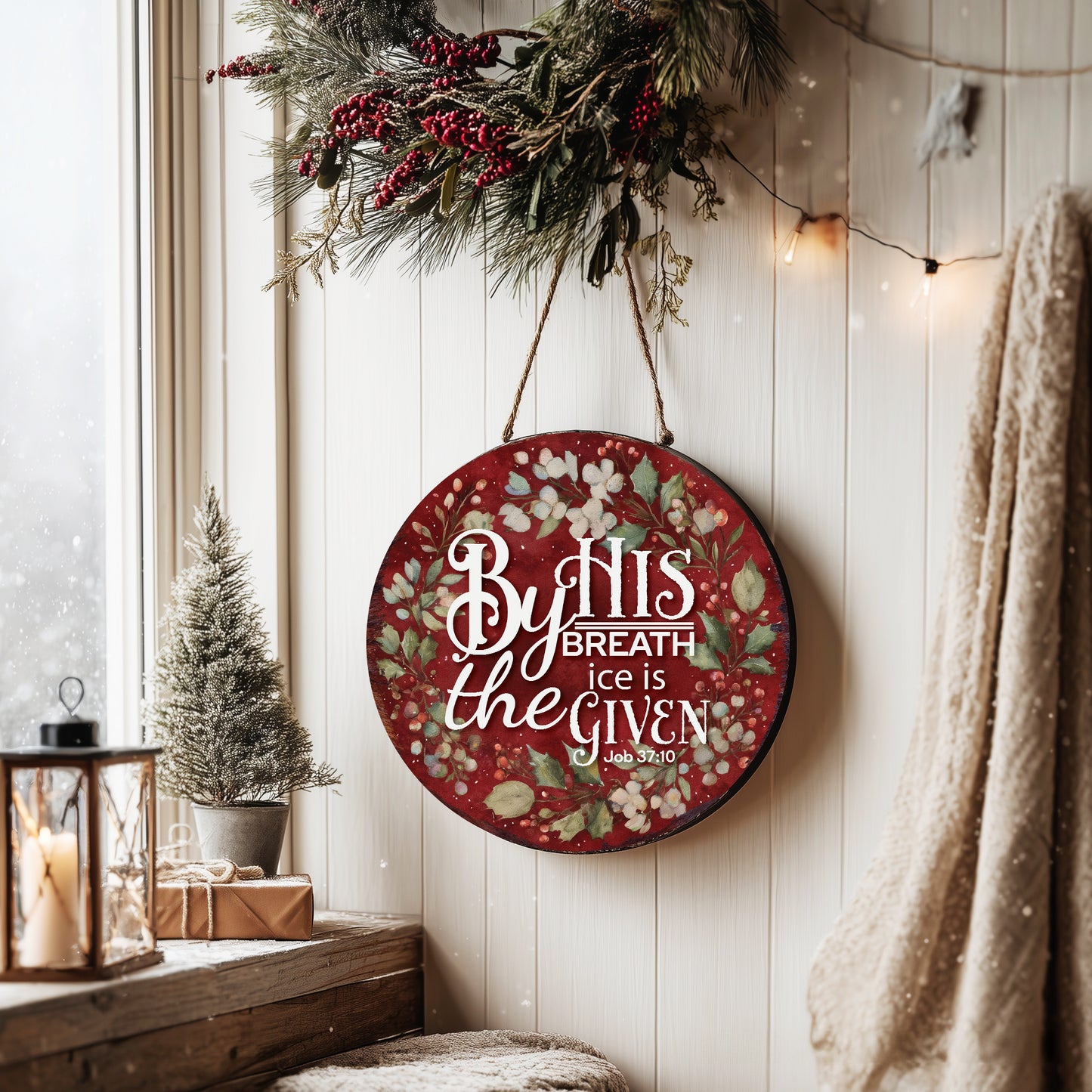 Christian Winter Wall Sign | Job 37:10 Round Scripture Decor