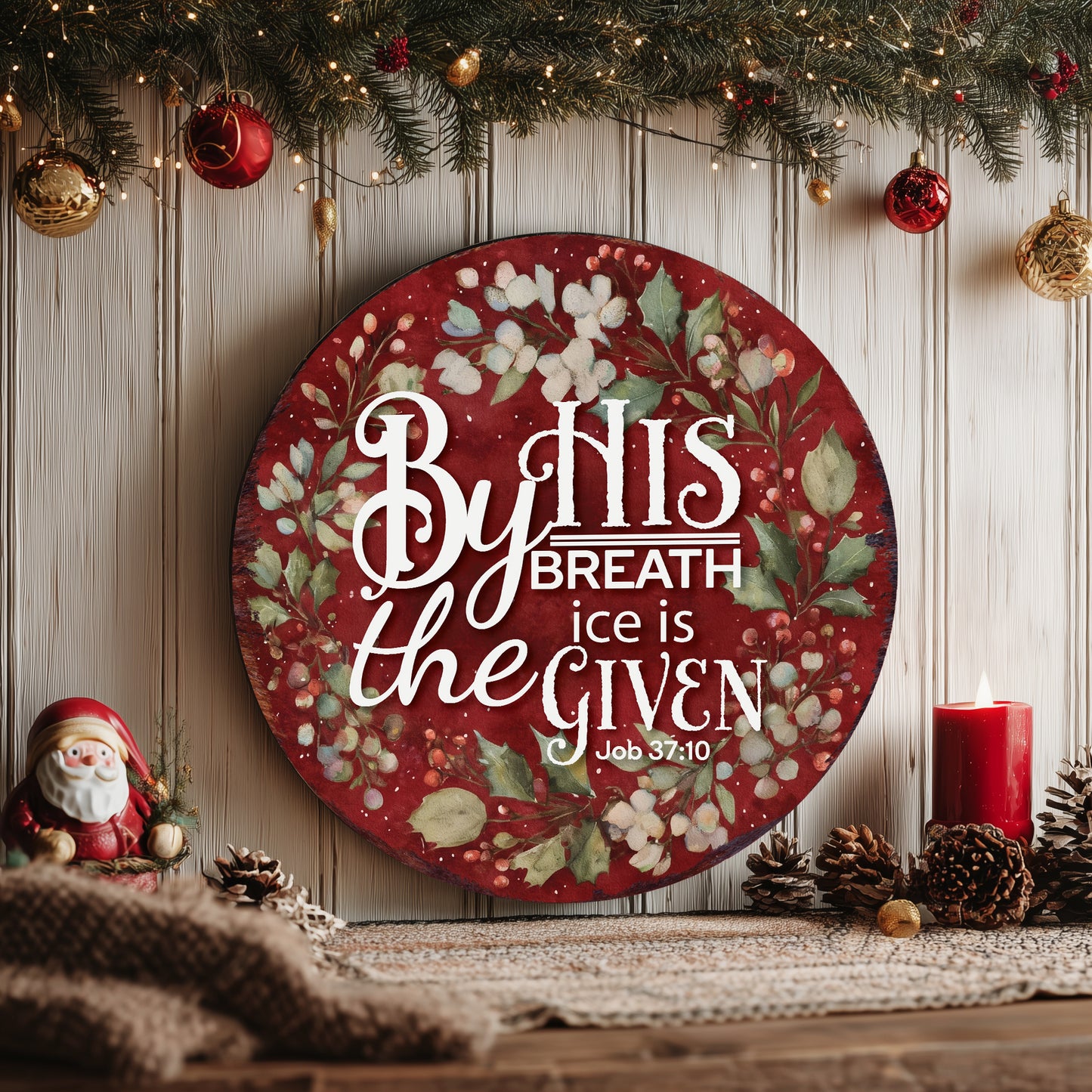 Christian Winter Wall Sign | Job 37:10 Round Scripture Decor