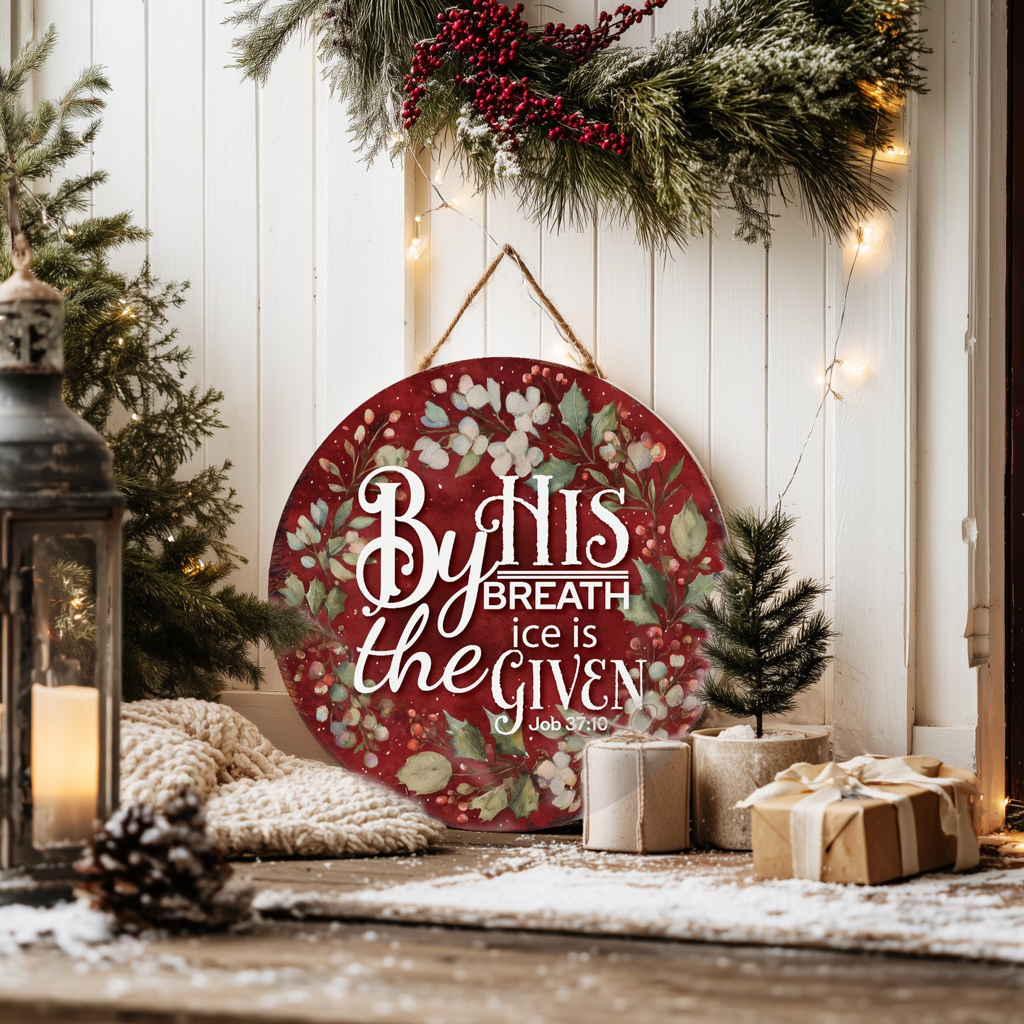 Christian Winter Wall Sign | Job 37:10 Round Scripture Decor