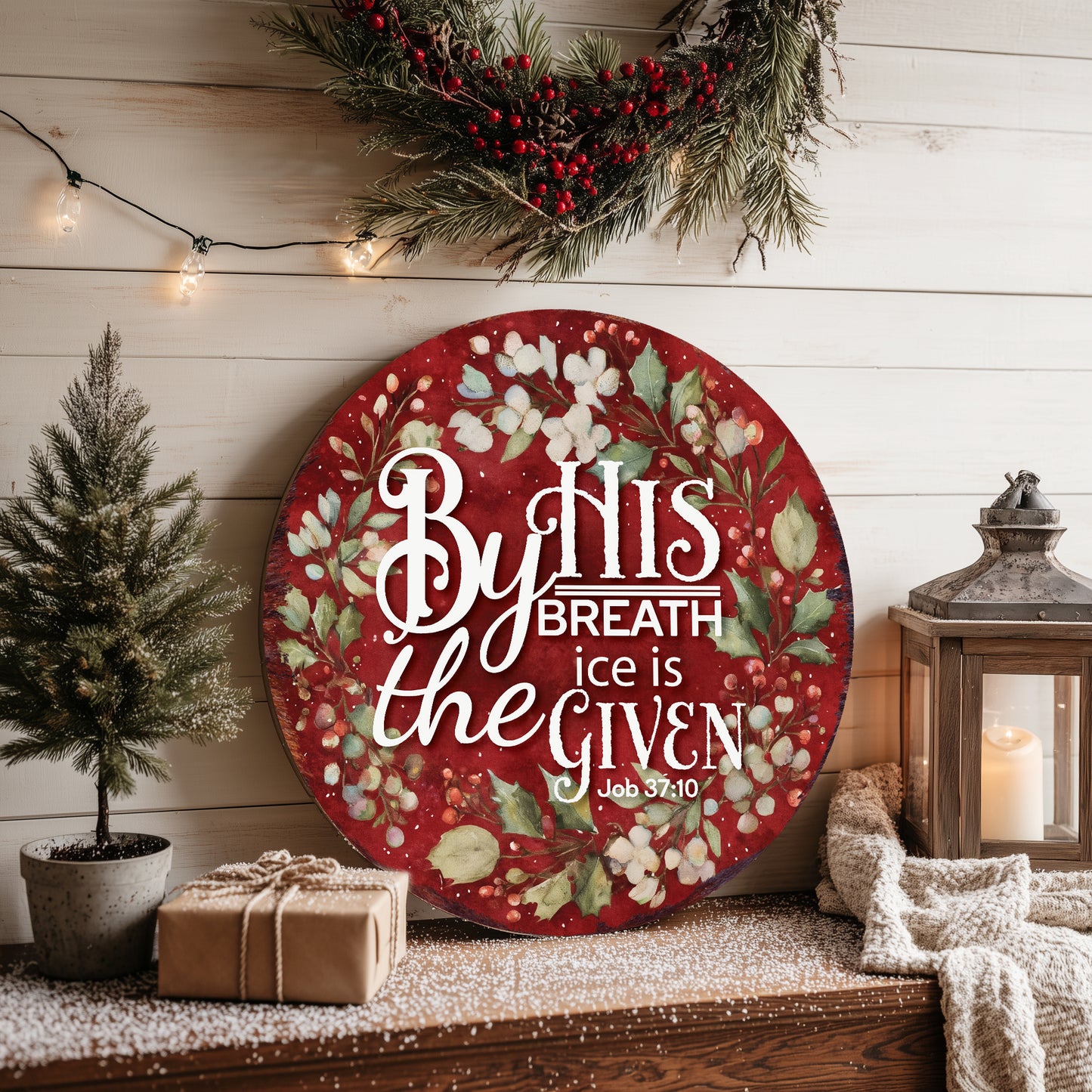 Christian Winter Wall Sign | Job 37:10 Round Scripture Decor