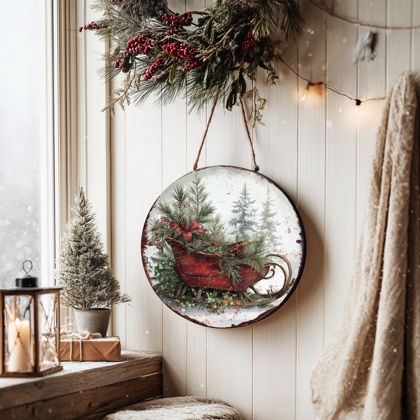 Christmas Sleigh Wall Sign | Festive Round Holiday Decor for Home