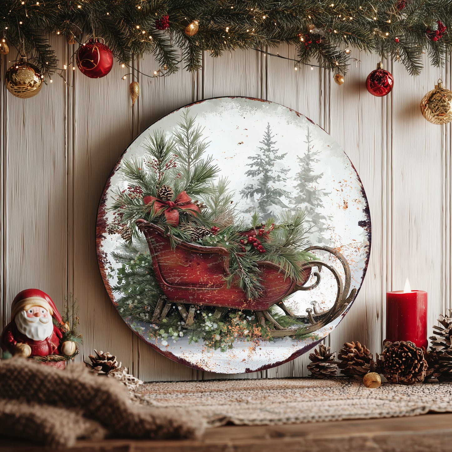 Christmas Sleigh Wall Sign | Festive Round Holiday Decor for Home