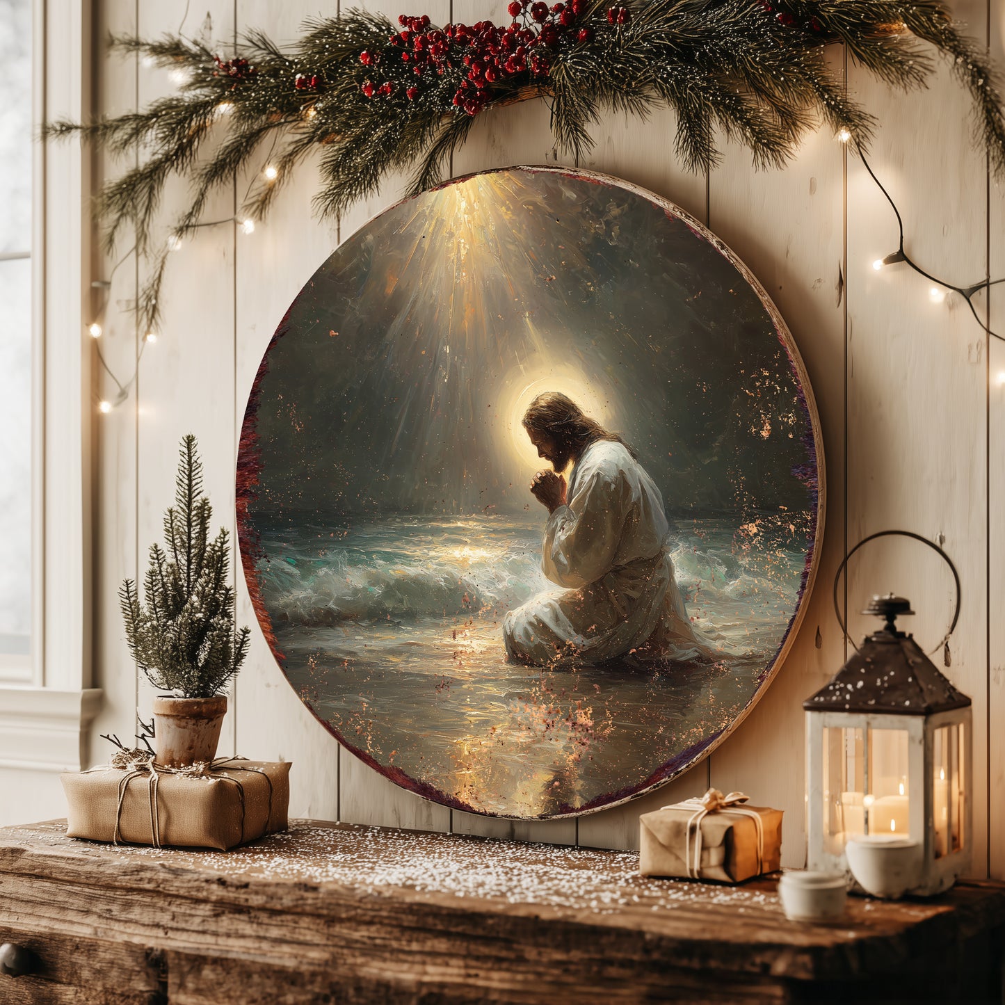 Timeless Rustic Jesus Pray Round Wall Sign | Christian Home Decor