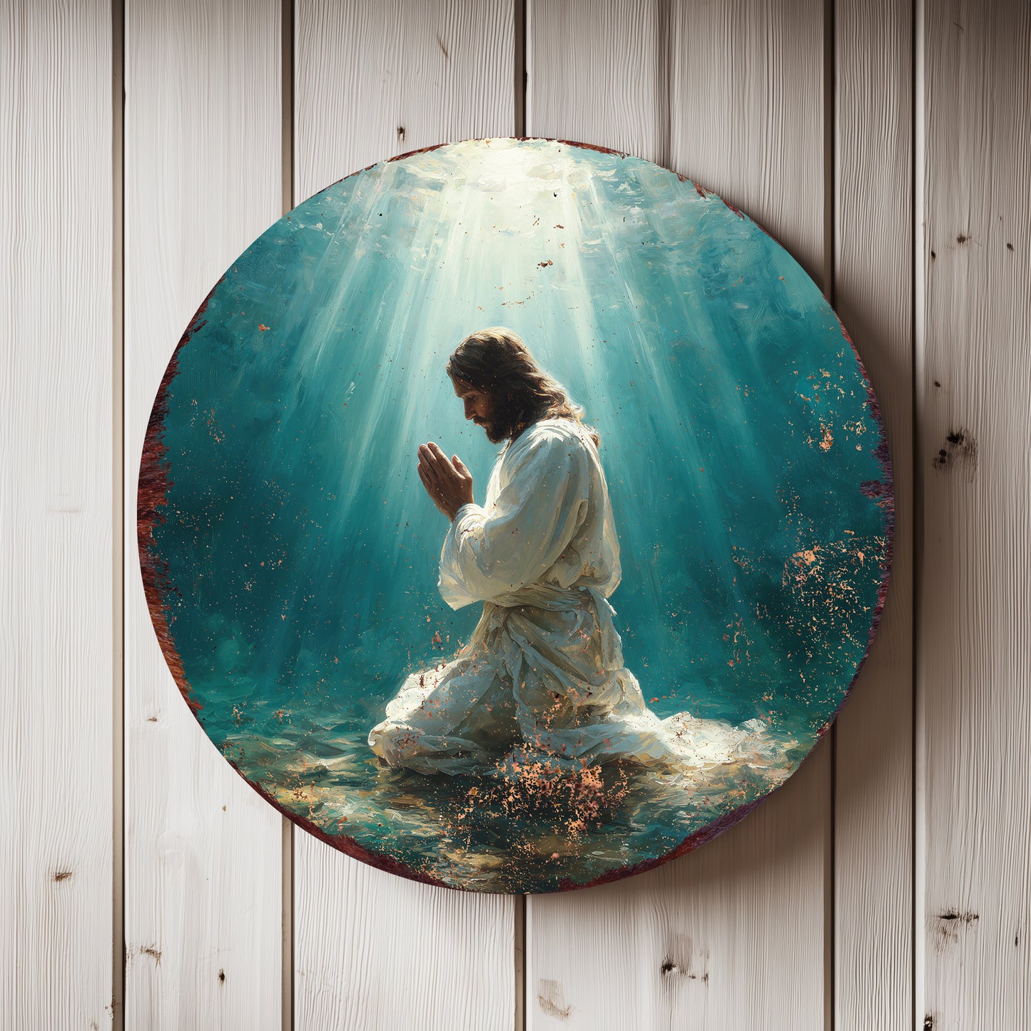 Rustic Jesus Pray Round Wall Art | Christian Home Decor