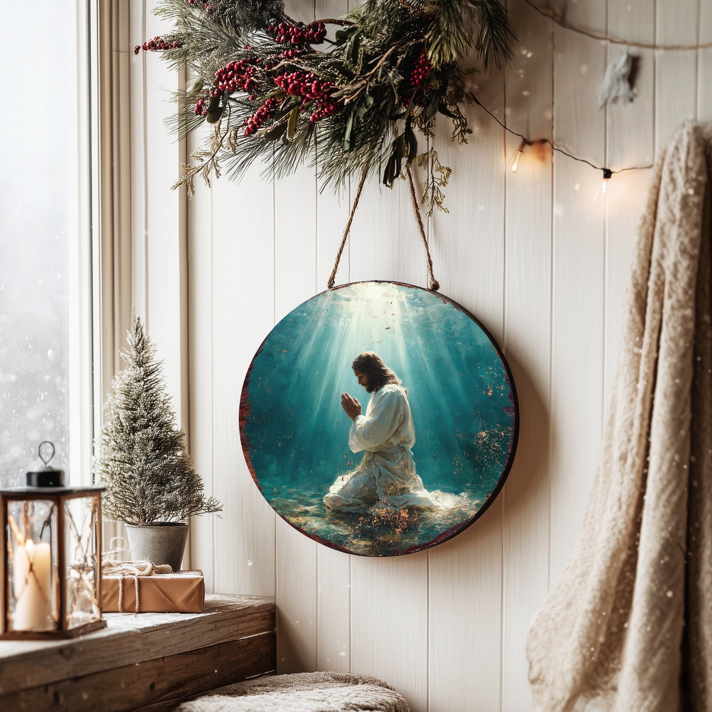 Rustic Jesus Pray Round Wall Art | Christian Home Decor