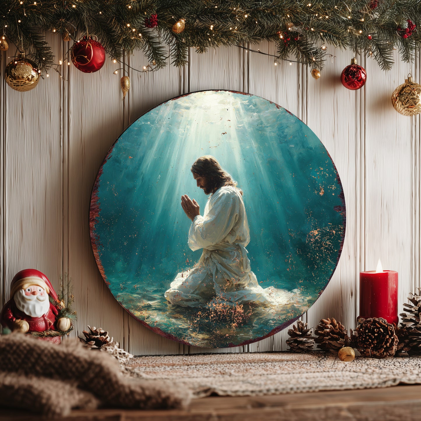 Rustic Jesus Pray Round Wall Art | Christian Home Decor