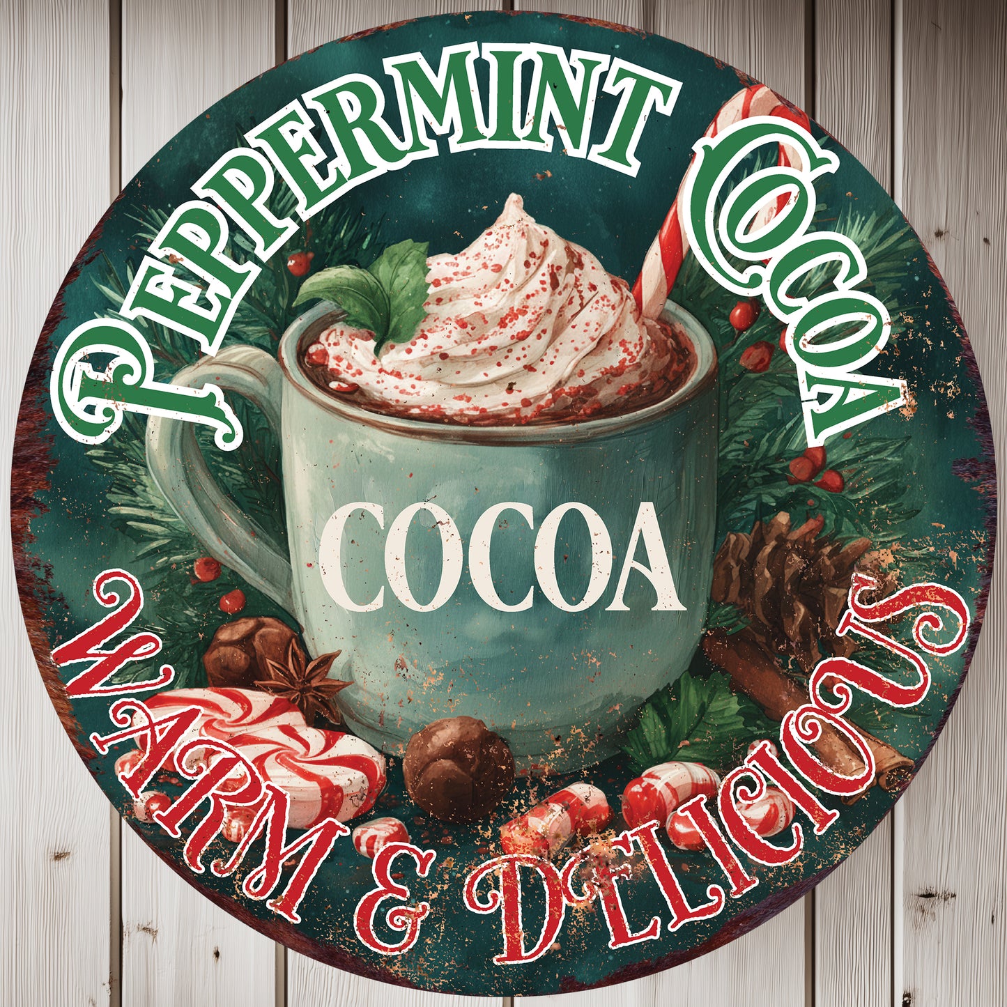 Cozy Hot Cocoa Christmas Round Sign | Farmhouse Winter Wall Art