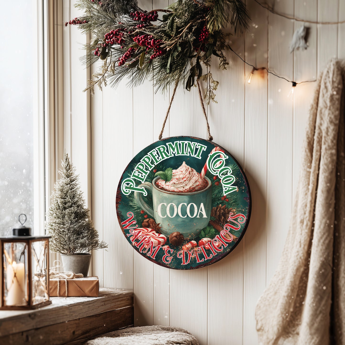 Cozy Hot Cocoa Christmas Round Sign | Farmhouse Winter Wall Art