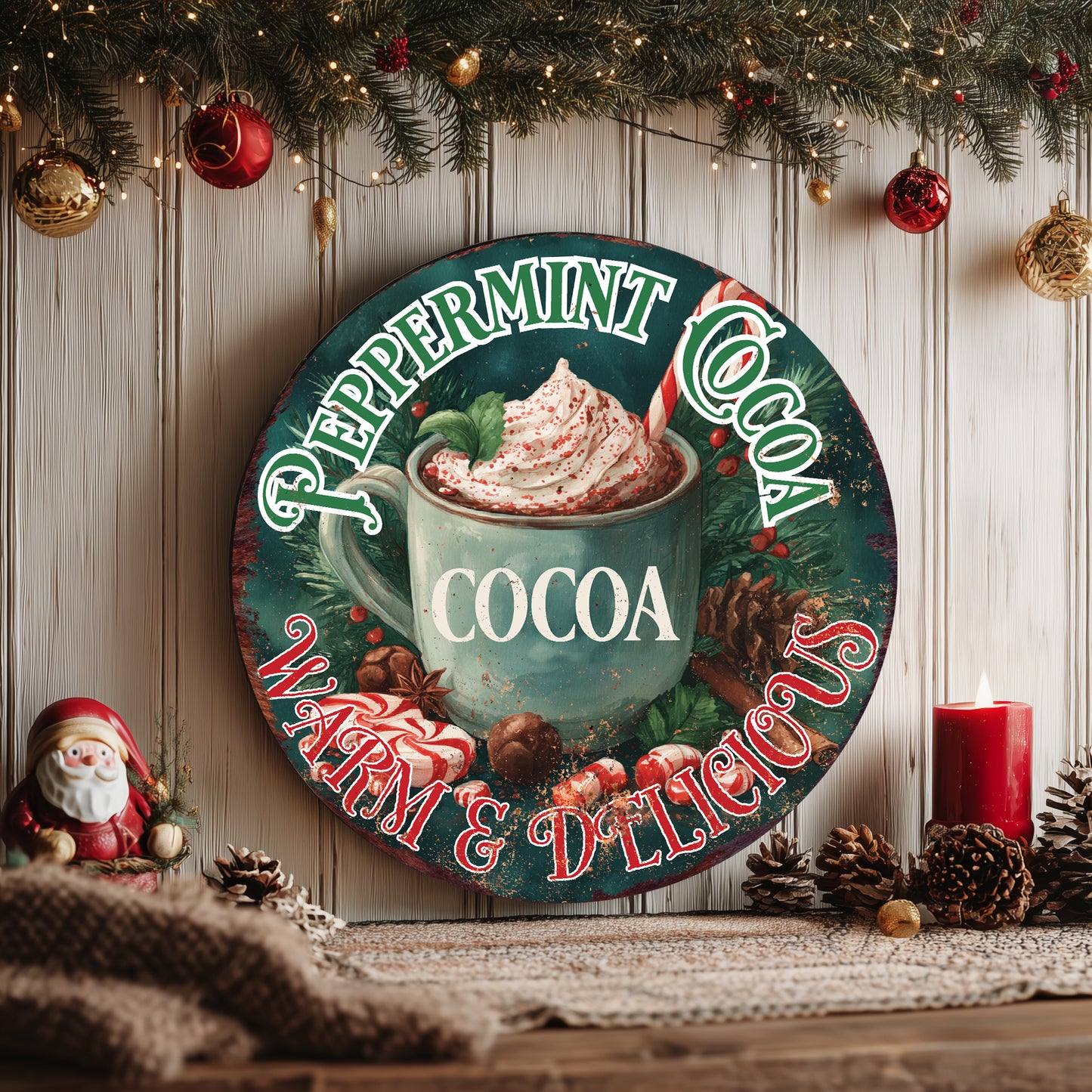 Cozy Hot Cocoa Christmas Round Sign | Farmhouse Winter Wall Art