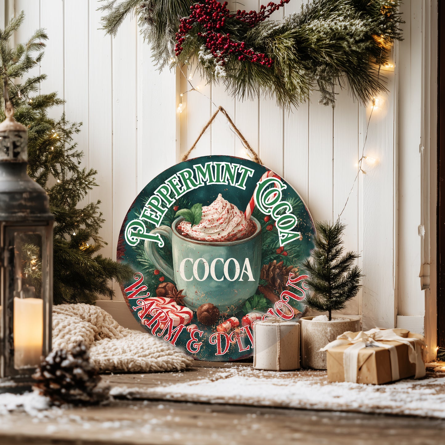 Cozy Hot Cocoa Christmas Round Sign | Farmhouse Winter Wall Art