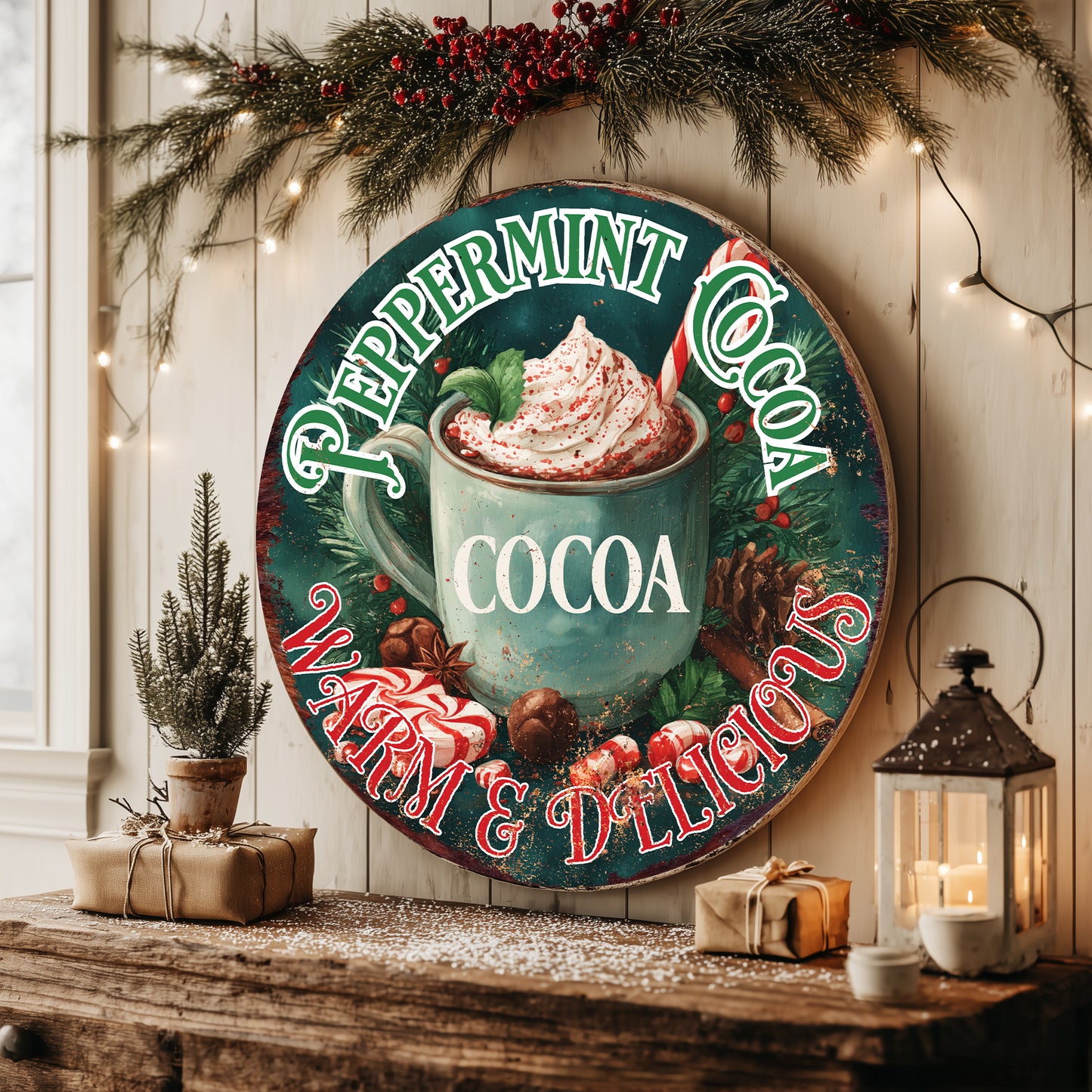 Cozy Hot Cocoa Christmas Round Sign | Farmhouse Winter Wall Art