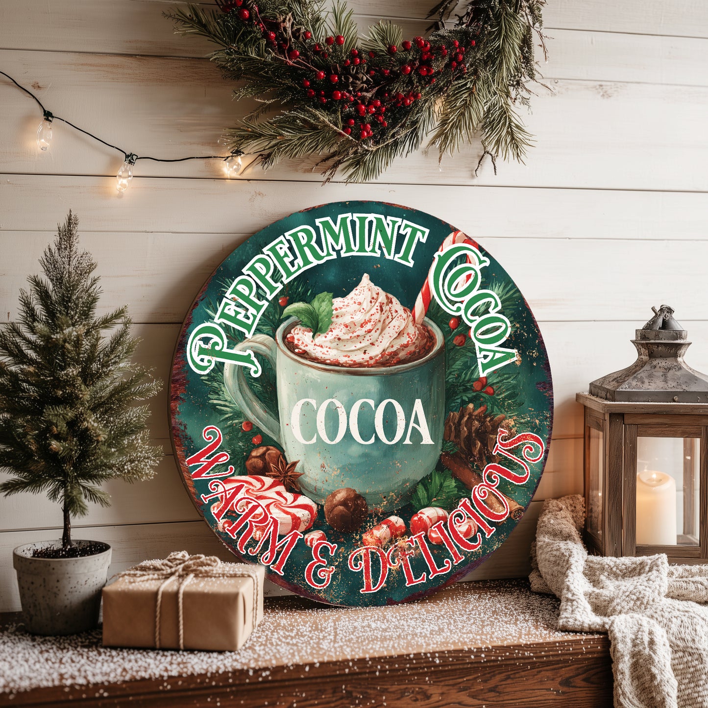 Cozy Hot Cocoa Christmas Round Sign | Farmhouse Winter Wall Art