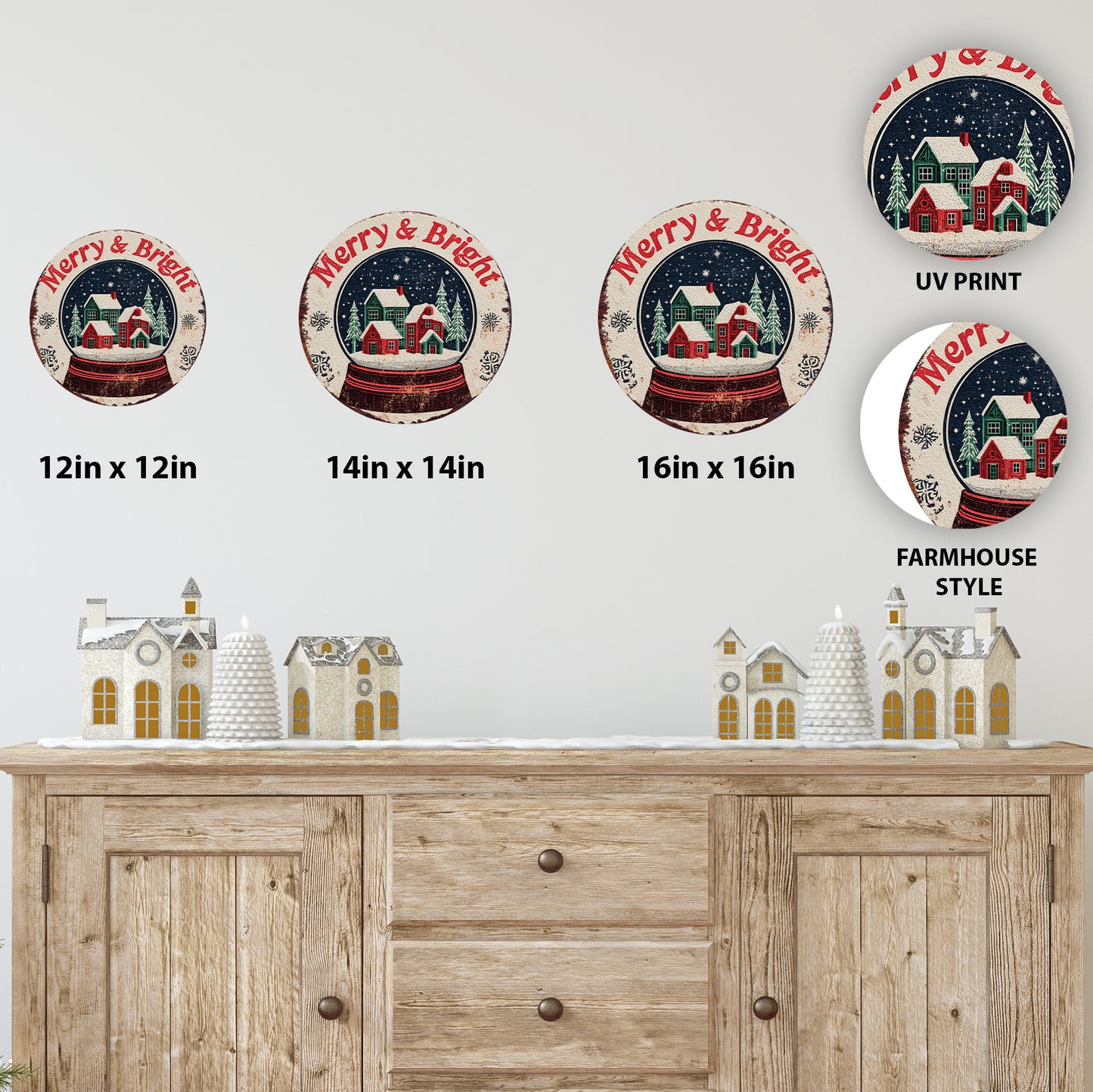 Farmhouse Merry Bright Christmas Round Wall Sign | Winter Holiday Decor