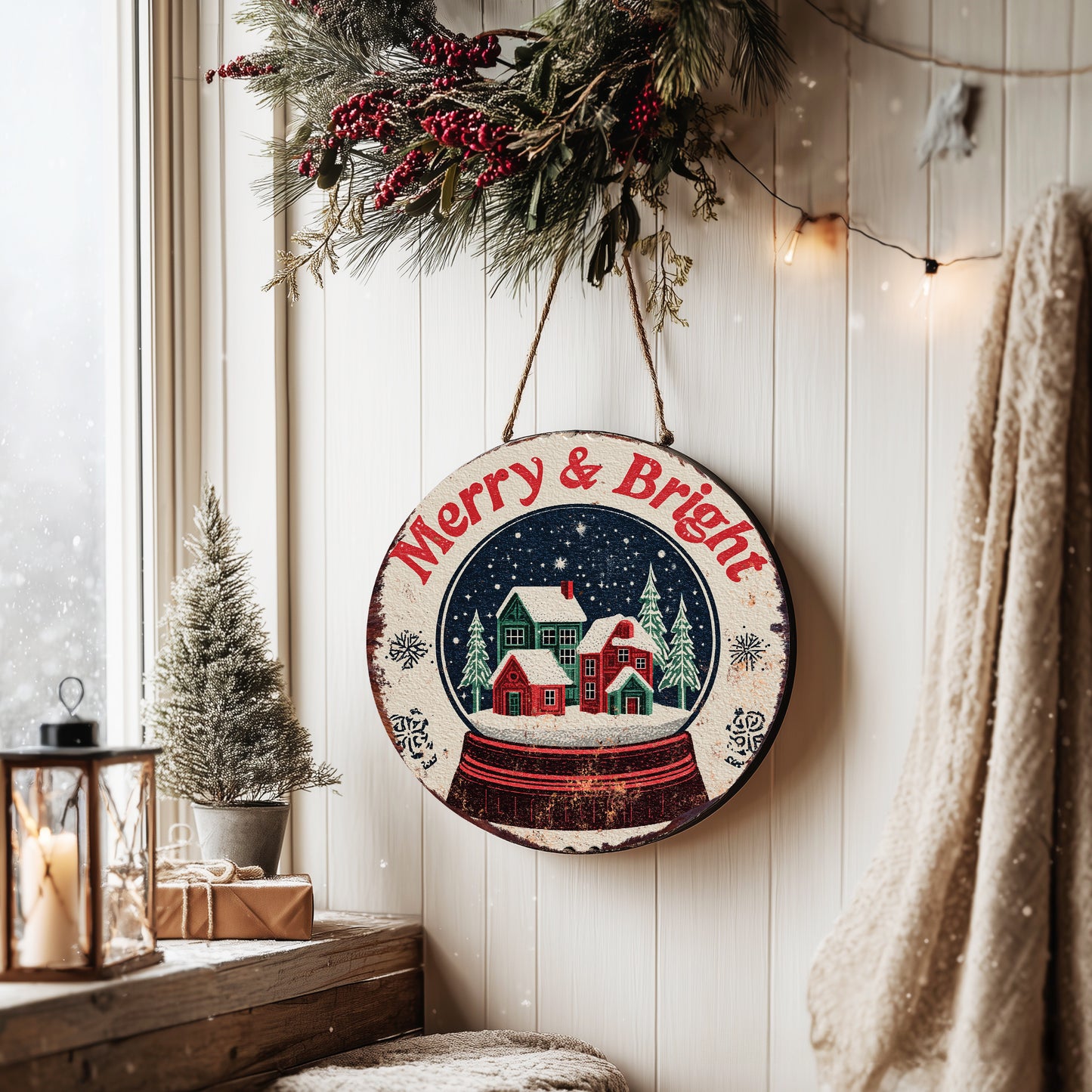 Farmhouse Merry Bright Christmas Round Wall Sign | Winter Holiday Decor