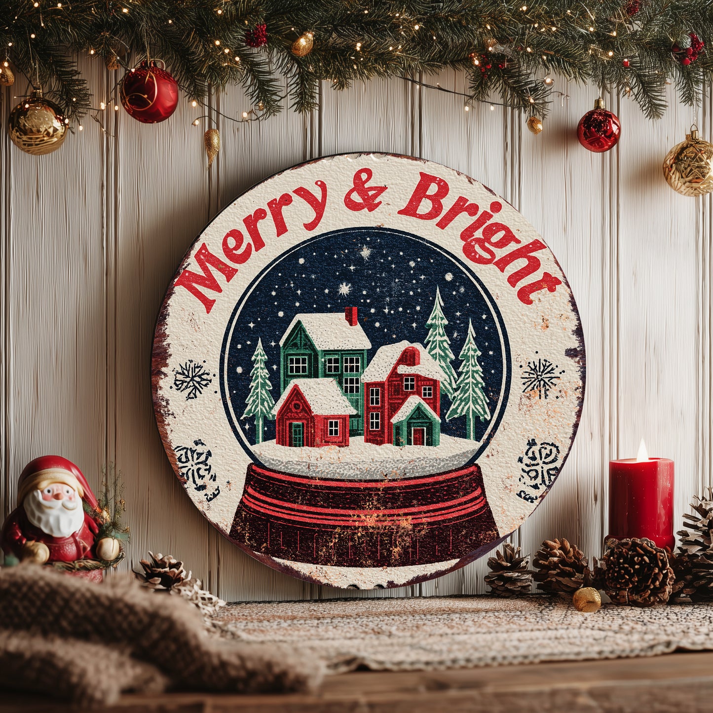 Farmhouse Merry Bright Christmas Round Wall Sign | Winter Holiday Decor