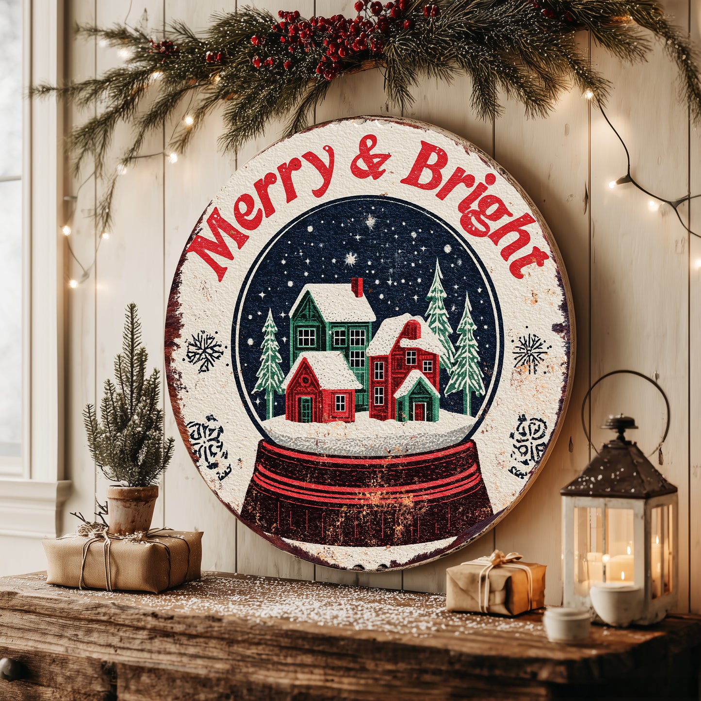 Farmhouse Merry Bright Christmas Round Wall Sign | Winter Holiday Decor