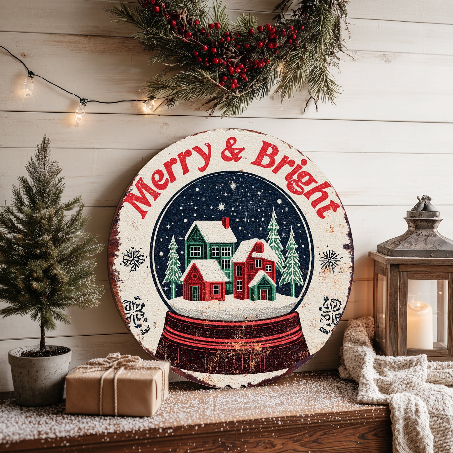 Farmhouse Merry Bright Christmas Round Wall Sign | Winter Holiday Decor