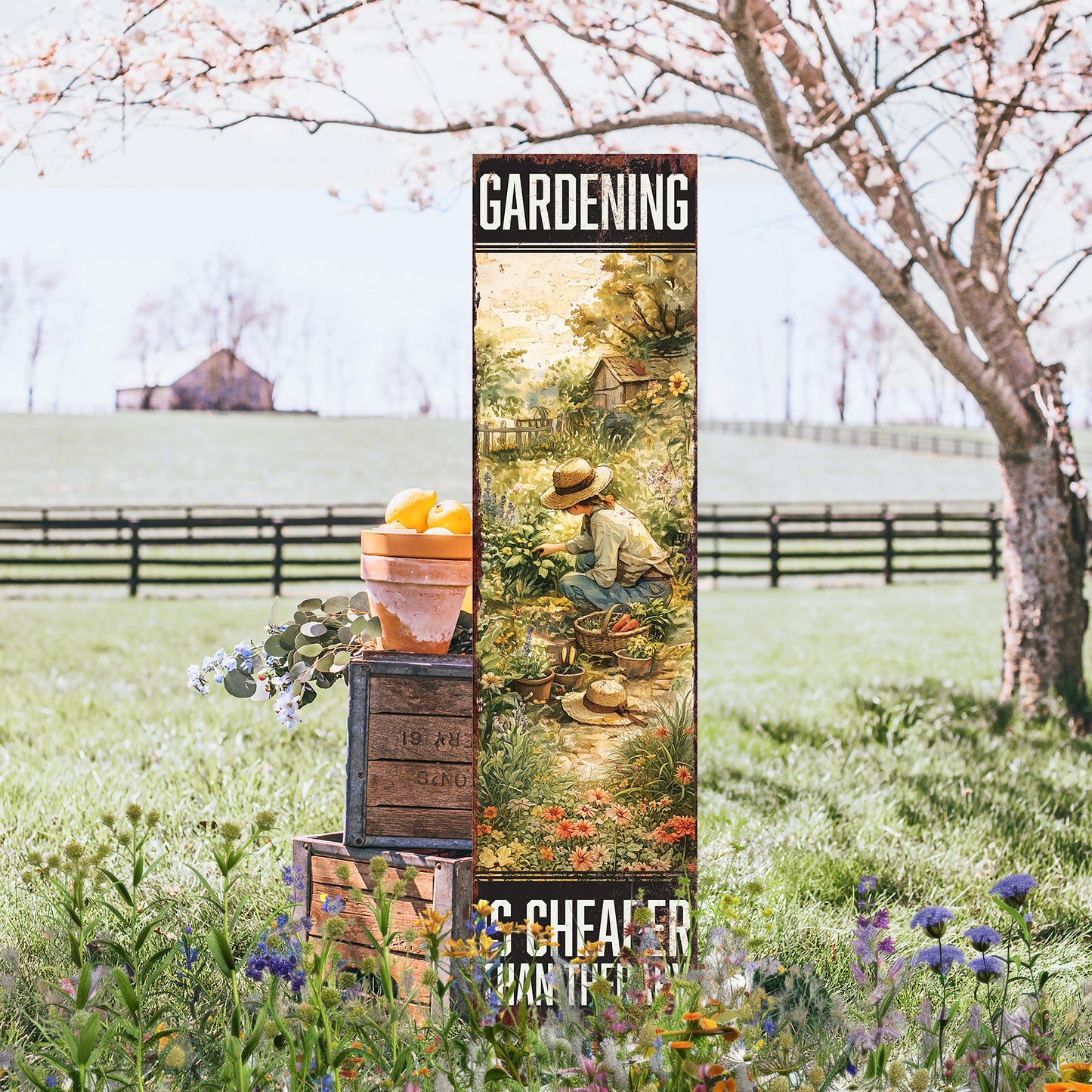 Humorous Garden Porch Sign – 'Gardening Is Cheaper Than Therapy' Rustic Farmhouse Decor