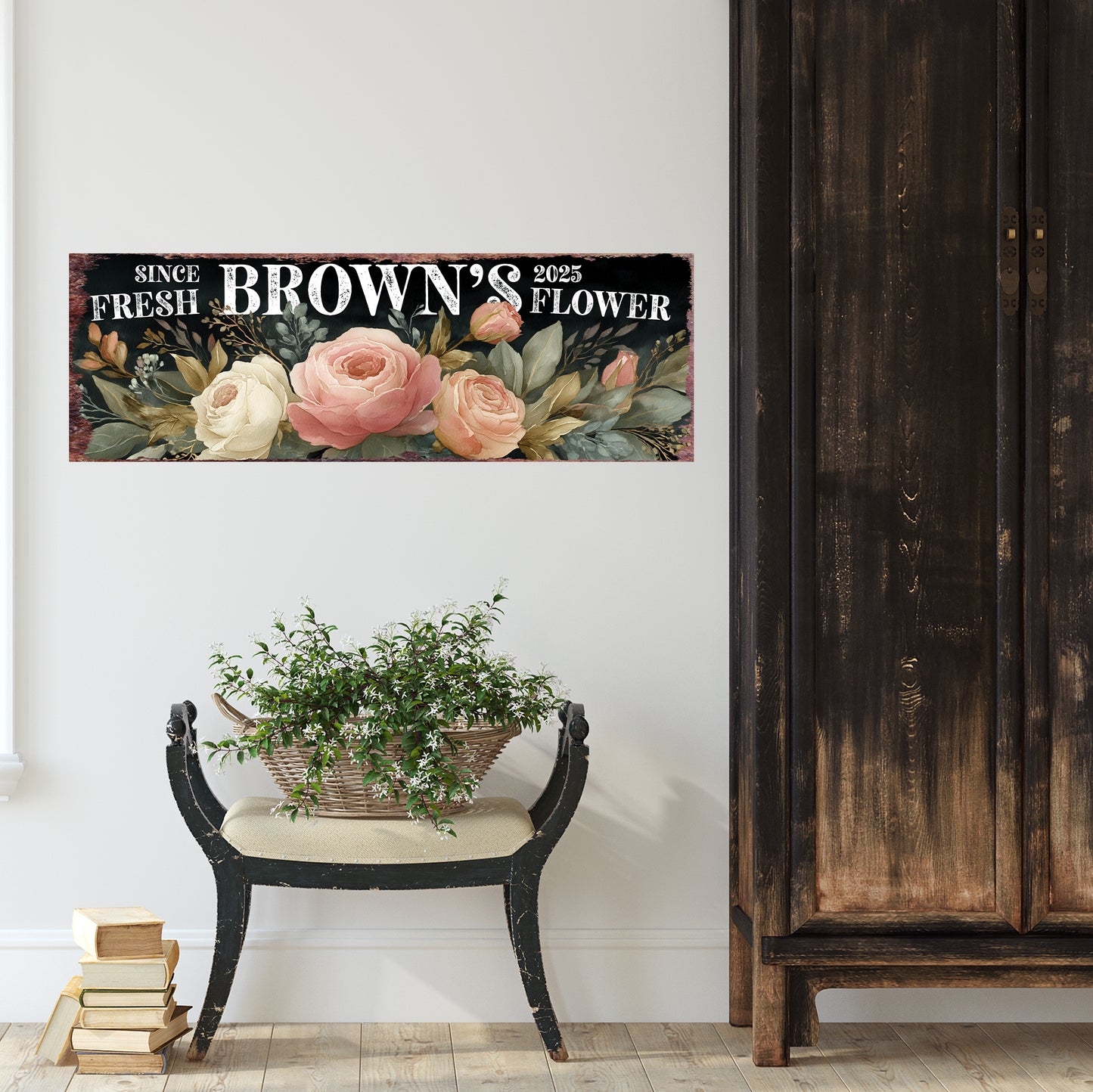 Personalized Spring Rose Family Wall Art Sign - Rustic Chic Home Decor