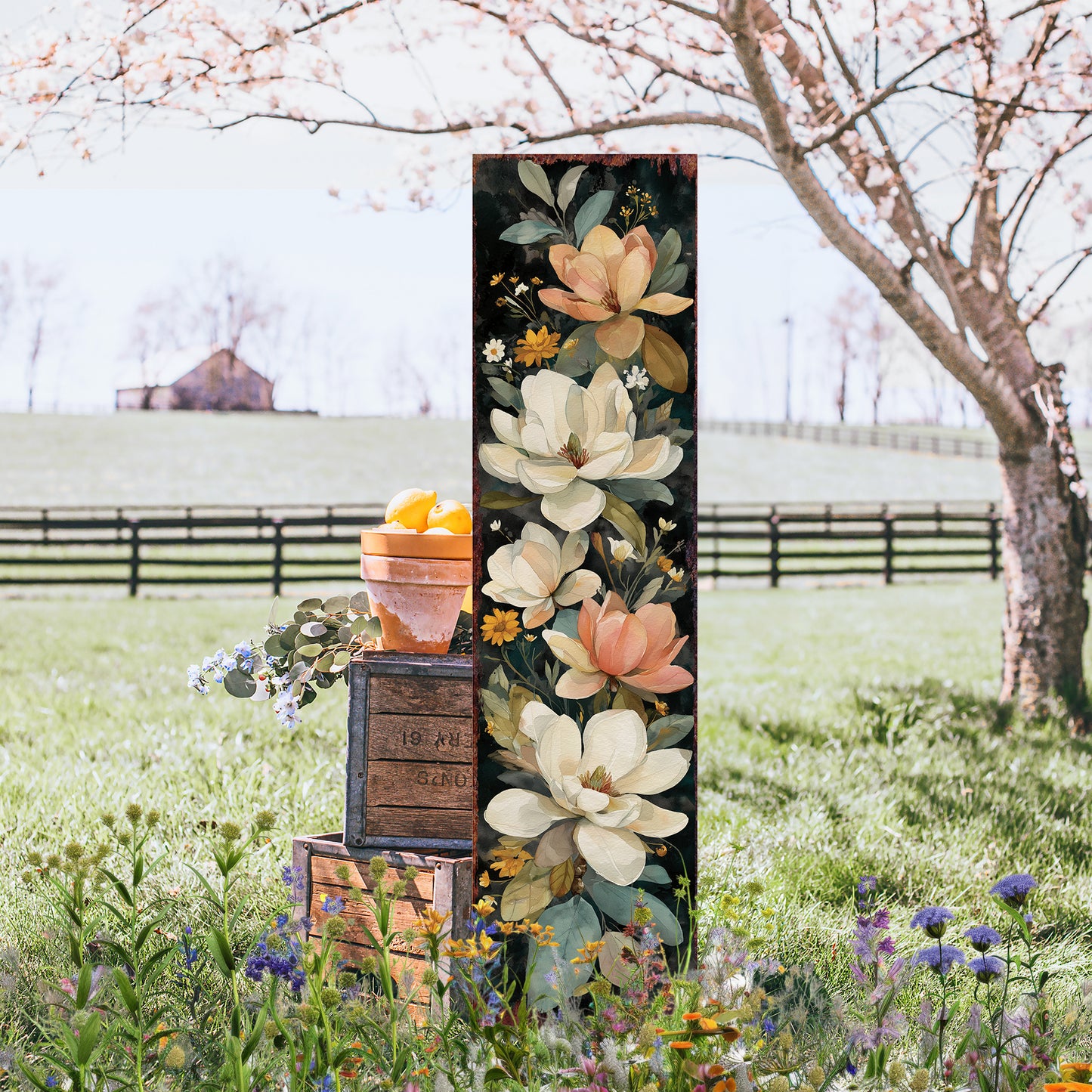 Spring Magnolia Welcome Porch Sign - Elegant Floral UV Sealed Outdoor Decor for Front Door