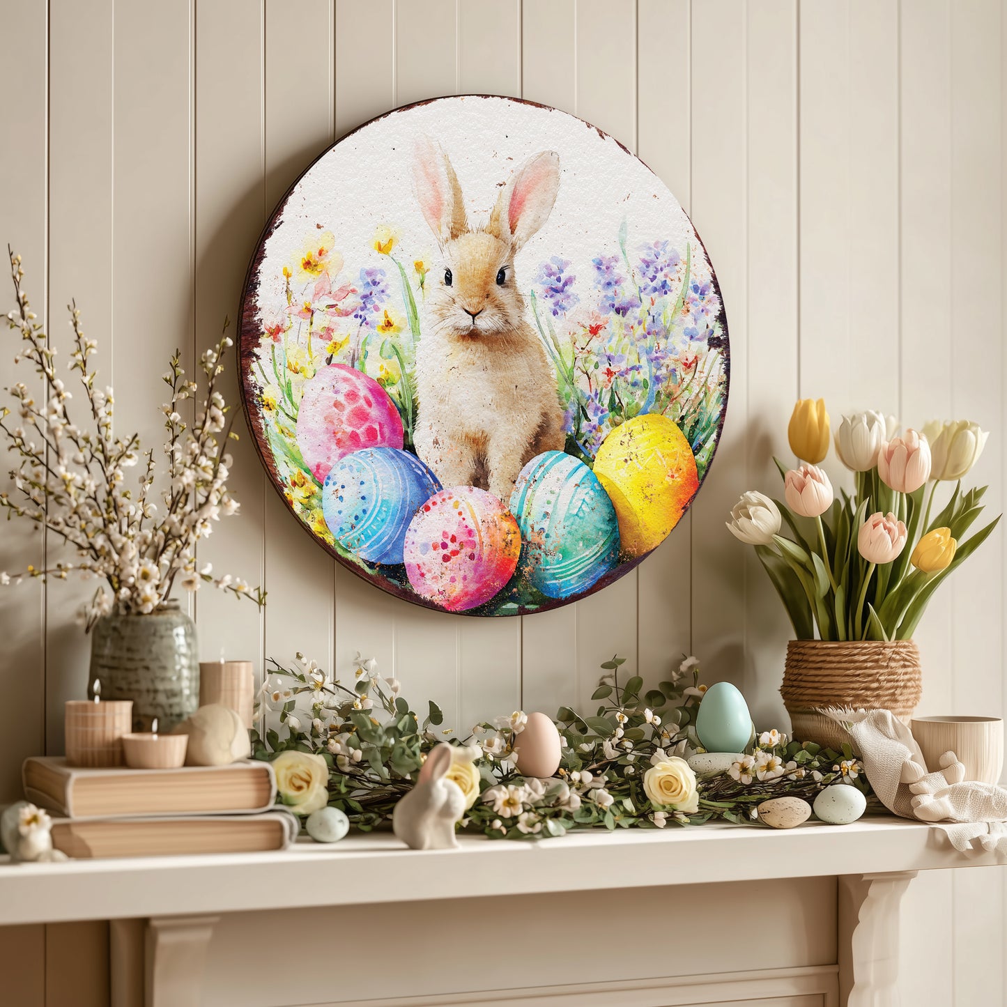 Charming Farmhouse Easter Welcome Sign - Rustic Bunny Art for Porch & Entryway