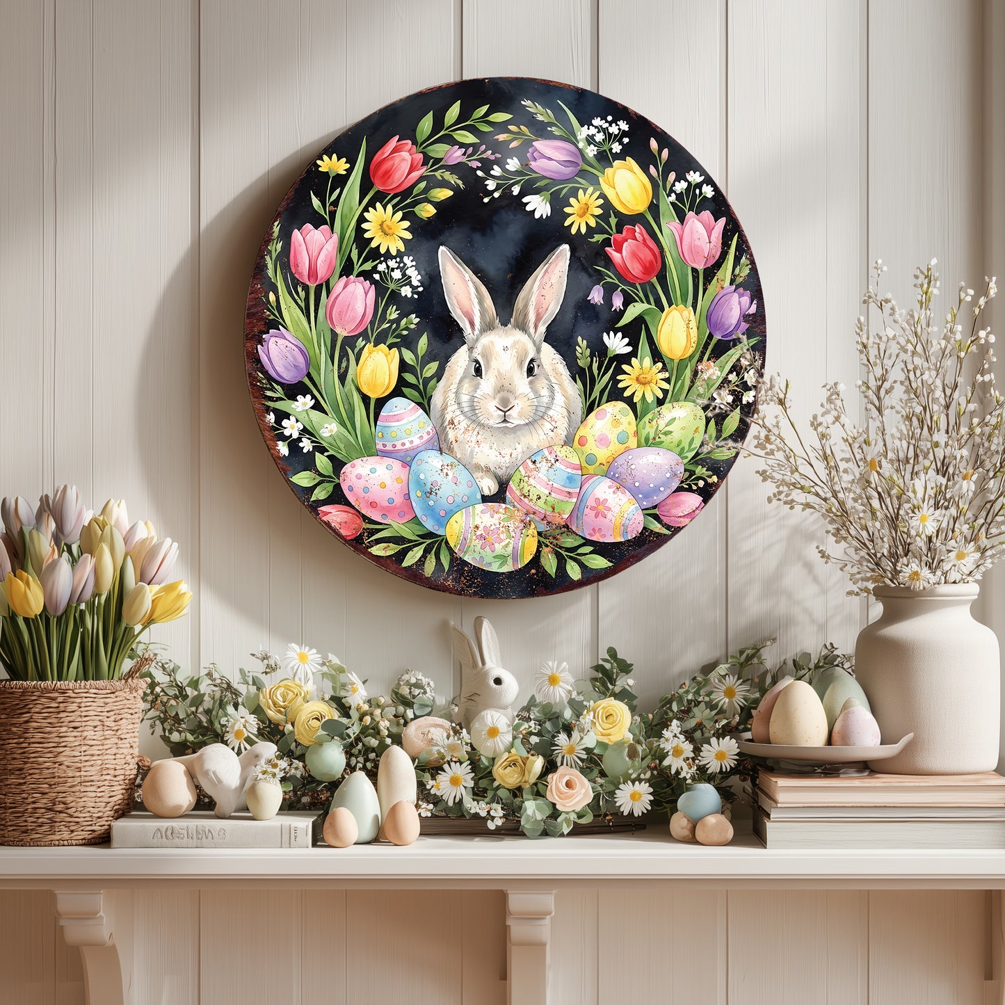Easter Farmhouse Welcome Sign - Rustic Bunny Porch Decor for Spring Entryway & Door