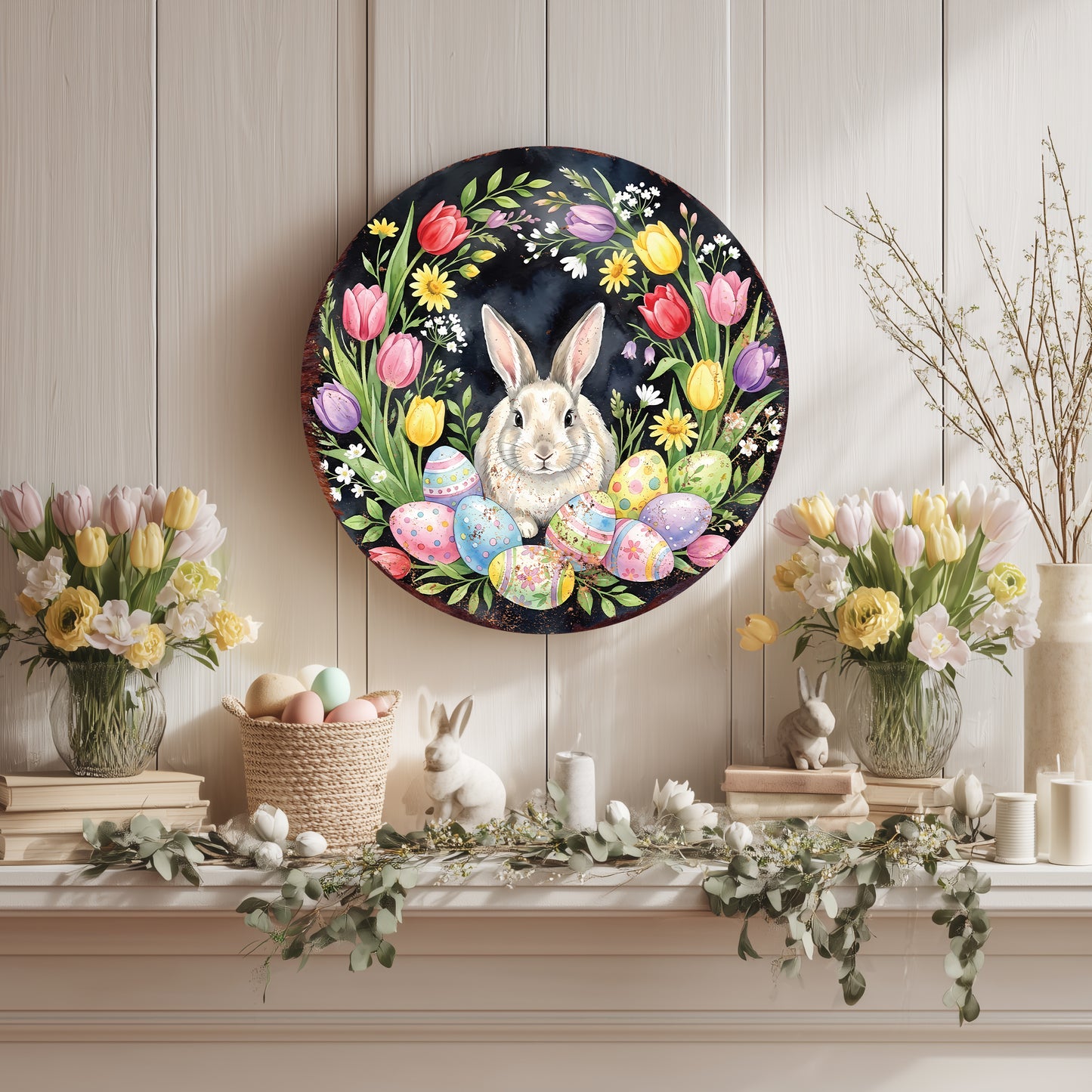 Easter Farmhouse Welcome Sign - Rustic Bunny Porch Decor for Spring Entryway & Door