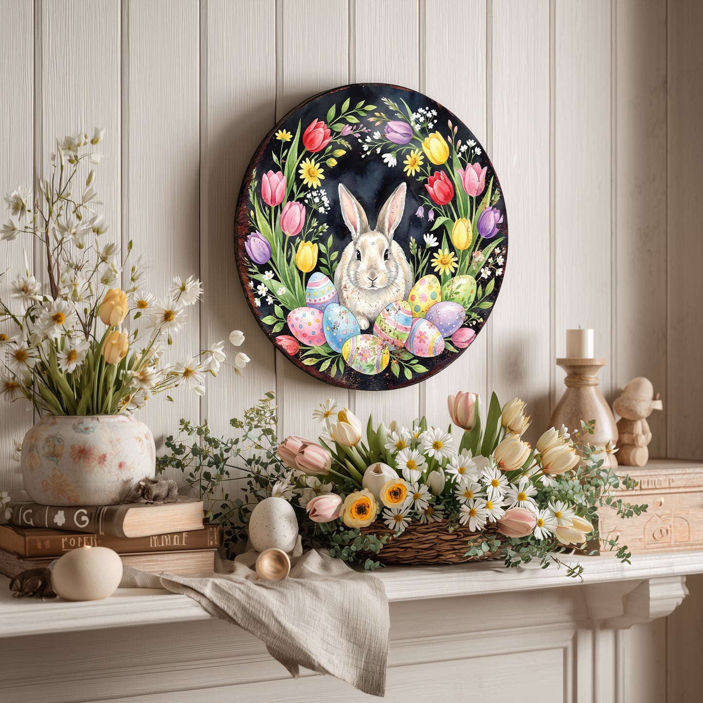 Easter Farmhouse Welcome Sign - Rustic Bunny Porch Decor for Spring Entryway & Door