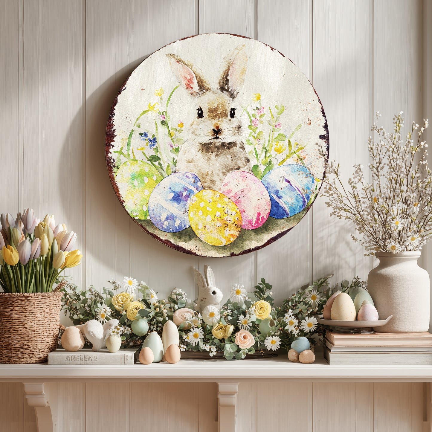 Easter Farmhouse Welcome Sign - Rustic Bunny Spring Porch Decor for Entryway & Door
