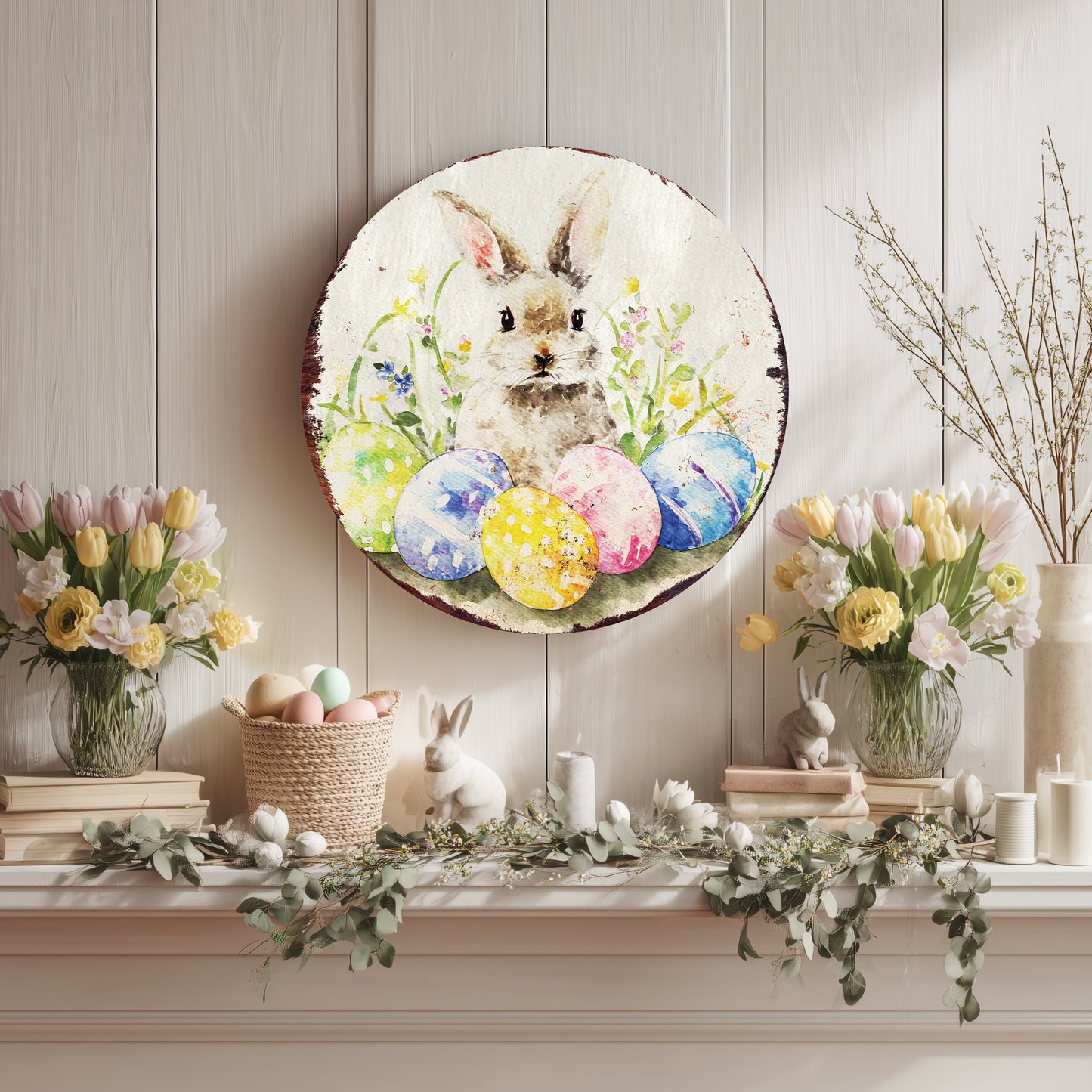 Easter Farmhouse Welcome Sign - Rustic Bunny Spring Porch Decor for Entryway & Door